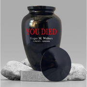 Personalized Adult Human Cremation Urn with Custom Name Date on Metal Vessel for Ashes and Cremains | You Died Funny Gamer Gaming Enthusiast | Black | 200 Lbs
