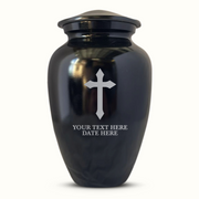 Extra Large Human Cremation Urn For Adult Ashes Men & Woman Up to 350 Lbs - Engraved Aluminum Urn with Name & Memorial Cross Design - Polished Finish urn for Human Remains | Black