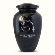 Extra Large Human Cremation Urn For Adult Ashes Men & Woman Up to 350 Lbs - Engraved Aluminum Urn with Name & Rosary Design - Polished Finish urn for Human Remains | Black