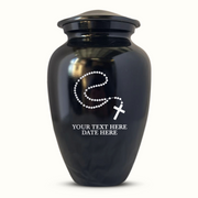 Extra Large Human Cremation Urn For Adult Ashes Men & Woman Up to 350 Lbs - Engraved Aluminum Urn with Name & Rosary Design - Polished Finish urn for Human Remains | Black