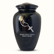 Extra Large Human Cremation Urn For Adult Ashes Men & Woman Up to 350 Lbs - Engraved Aluminum Urn with Name & Rosary Design - Polished Finish urn for Human Remains | Black
