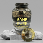 Custom Aluminum Human Urns - Suzesta Pearl White Memorial Urn - Funny Gaming Design - 200 Cubic Inch