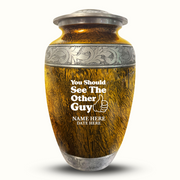 Custom Aluminum Human Urn - Elevate Collection - Dark Humor Design - Distressed Finish - 200 Cubic Inch