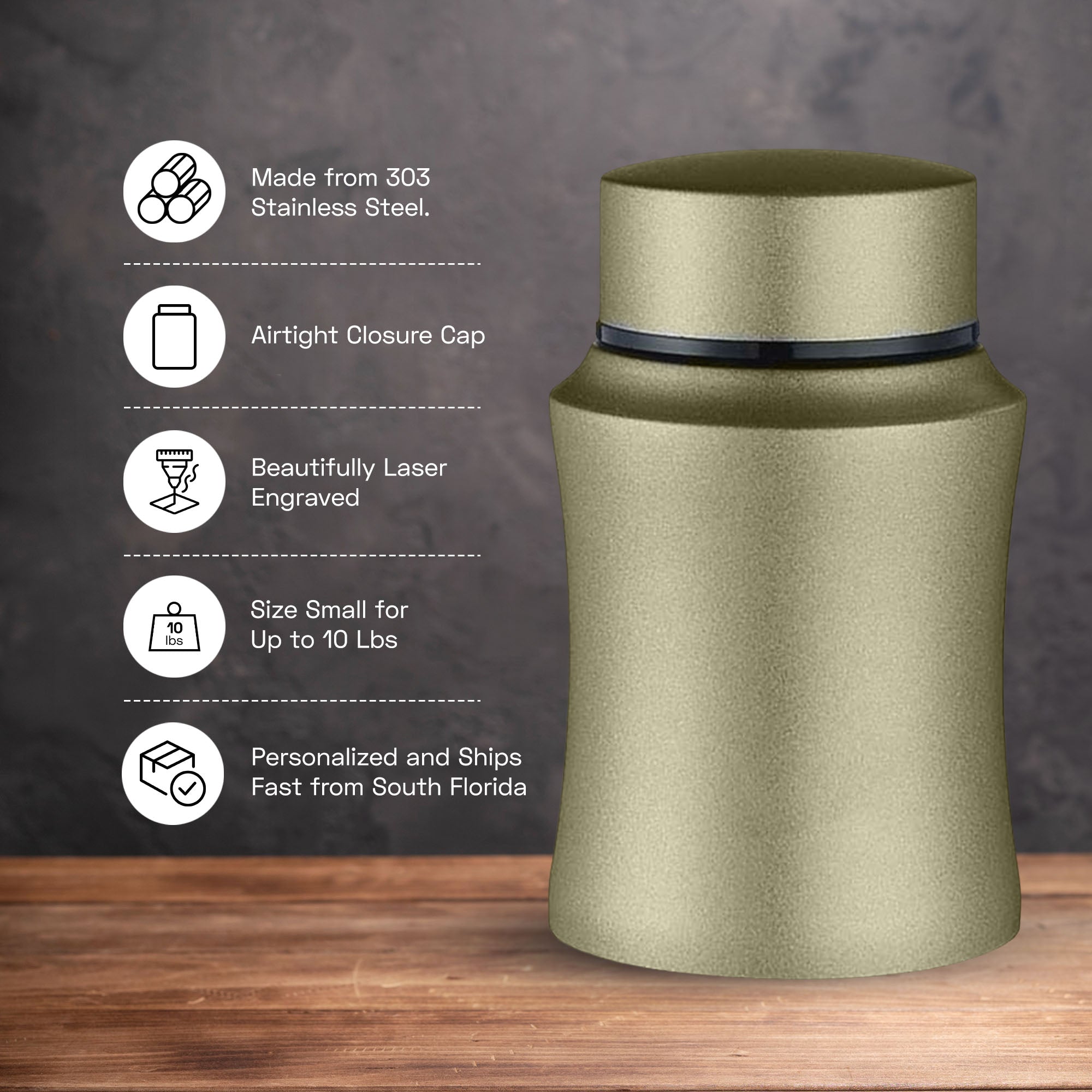 Custom Small Keepsake Cremation Urn for Small Dogs - Laser Engraved - Fit up to 10lbs - Powder Coated Stainless Steel Urn