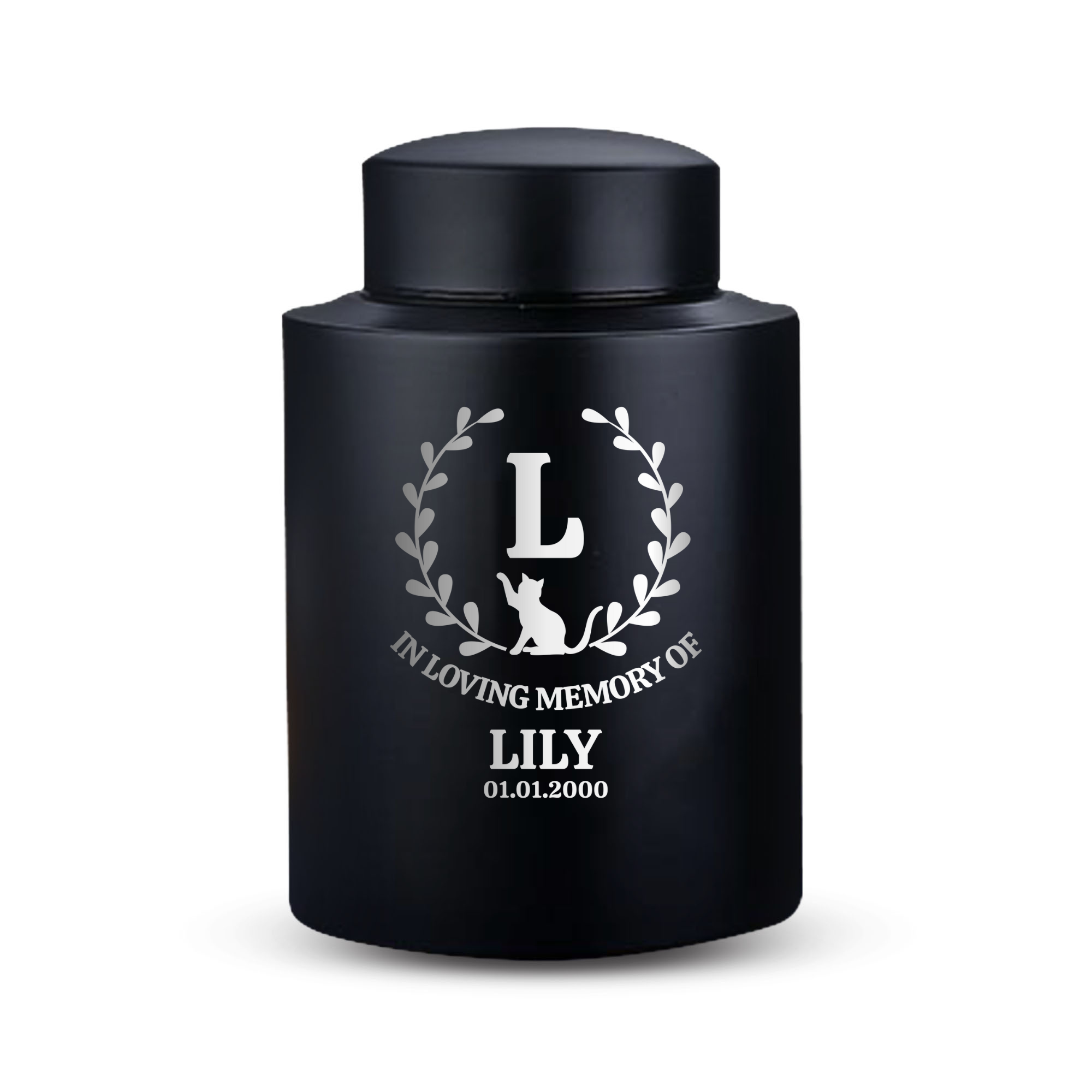 Personalized Custom Pet Cat Cremation Urn Engraved with Name, Date and Text - Round Powder Coated Steel Standard Size Urns for Cats ashes, Pet size 30-50lbs | (Black)