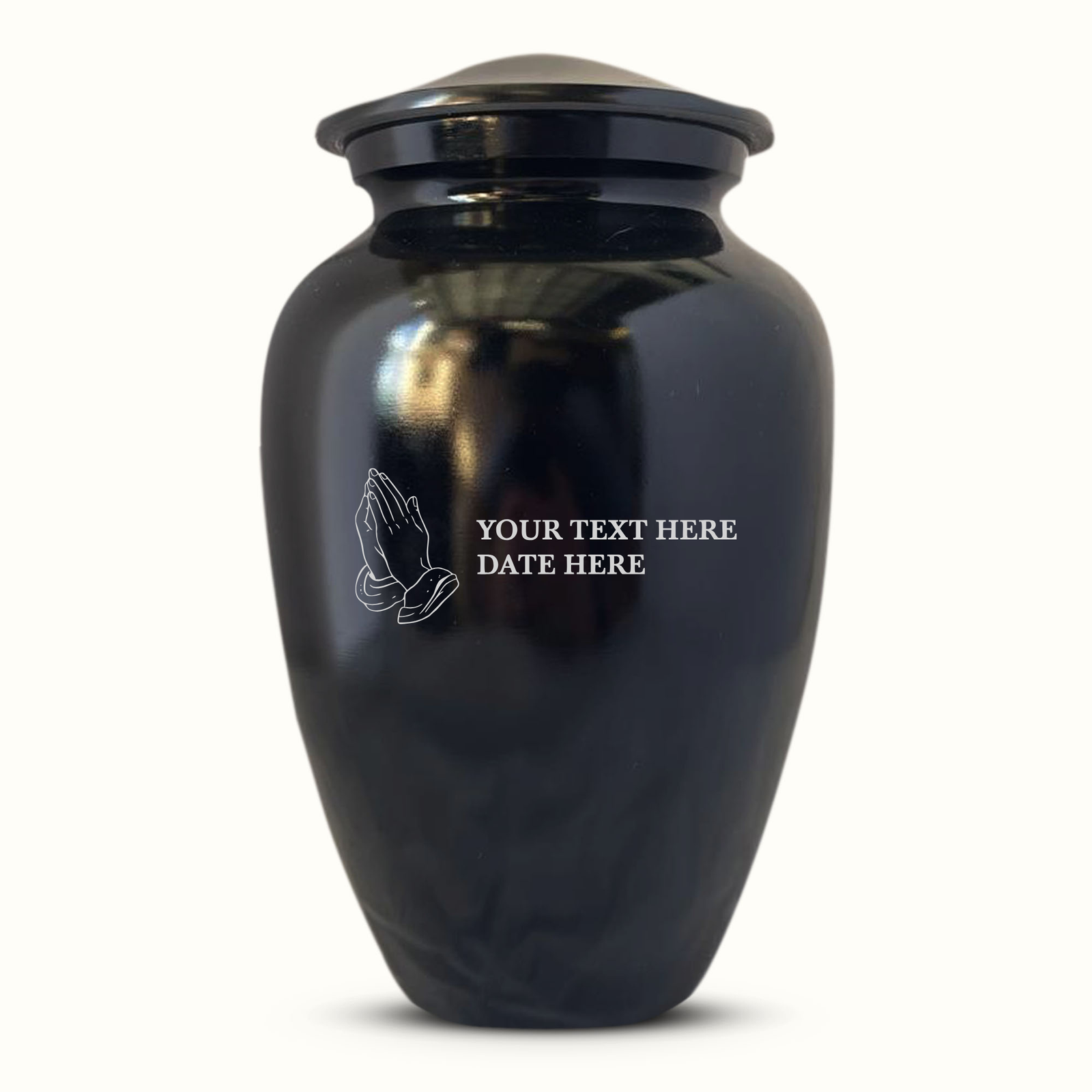 Polished Extra Large Human Cremation Urn – 350 Cubic Inch – Engraved Aluminum | Praying Hands Design