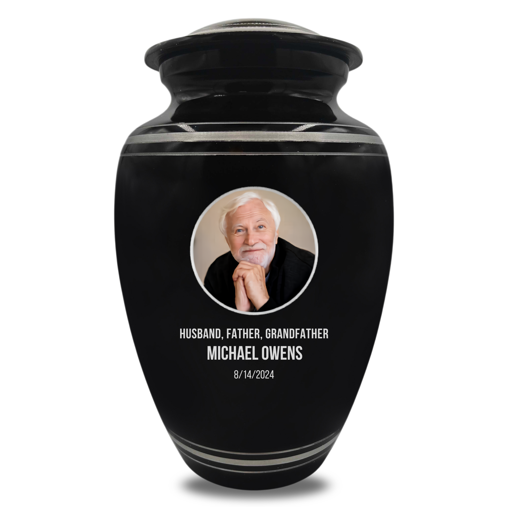 Polished Aluminum with Silver Rim Human Cremation Urn - 200 Cubic Inch | Custom Photo