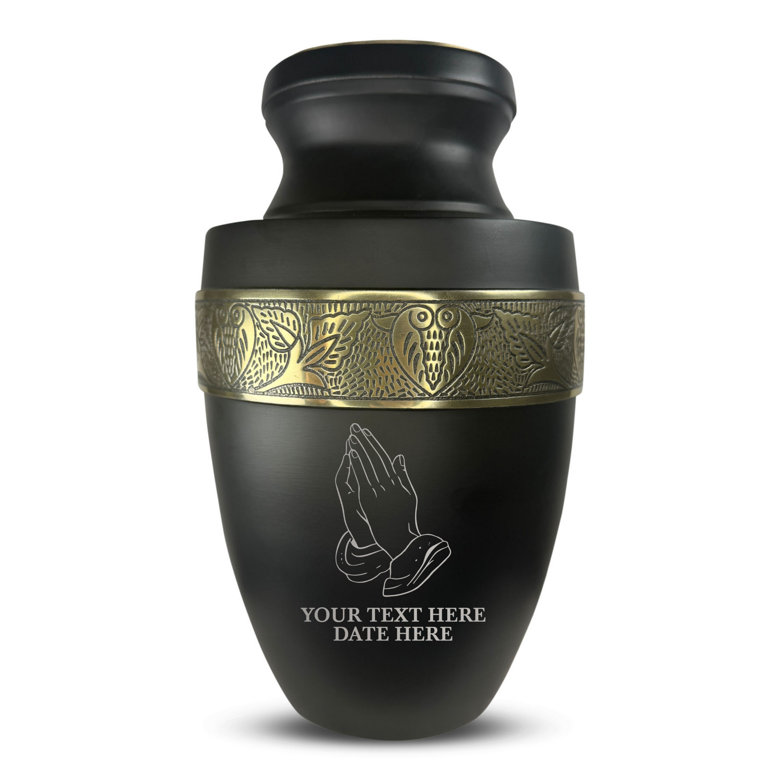 Custom Aluminum Human Urn - Praying Hand Design - Elite Collection with Gold Inlay - 200 Cubic Inch