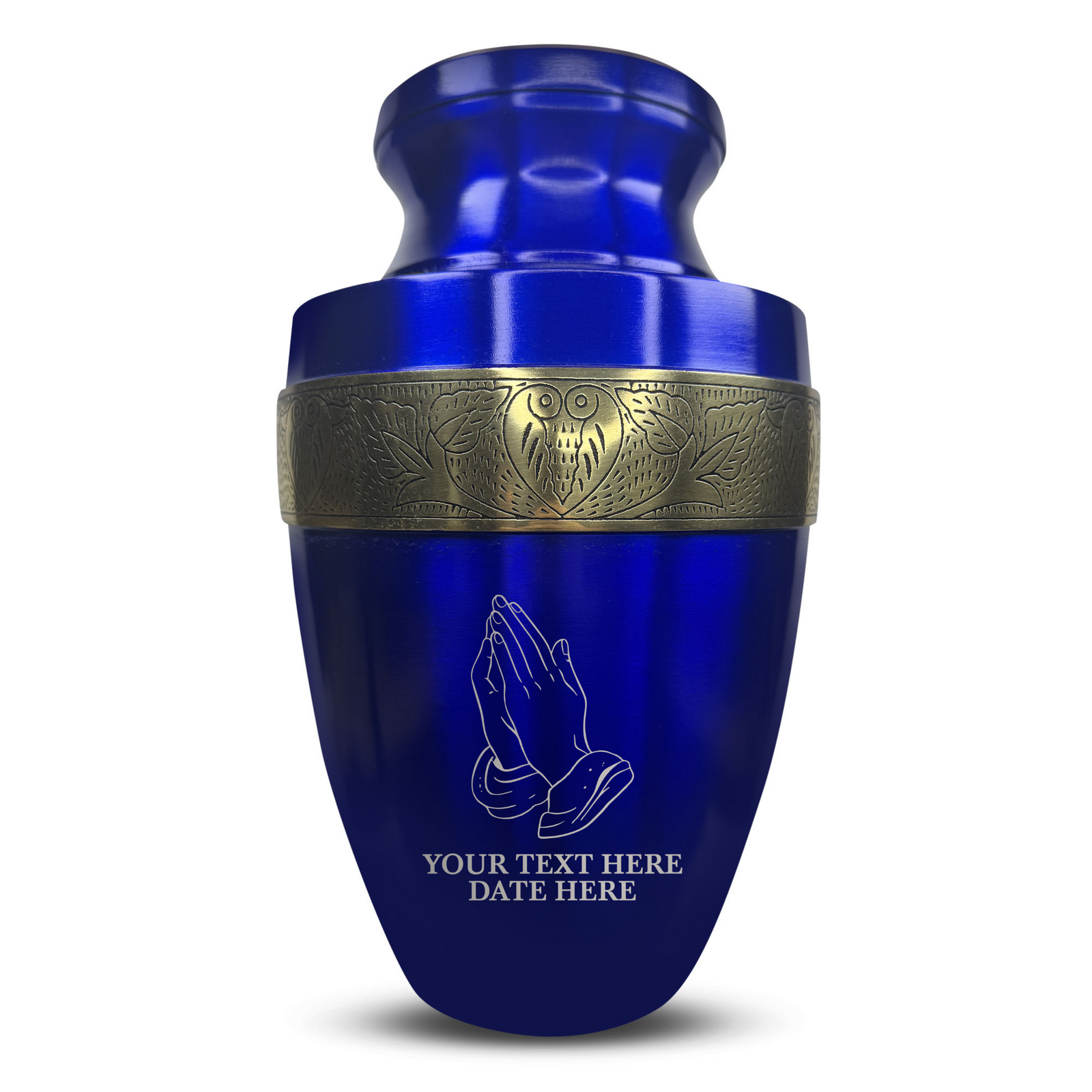 Custom Aluminum Human Urn - Praying Hand Design - Elite Collection with Gold Inlay - 200 Cubic Inch