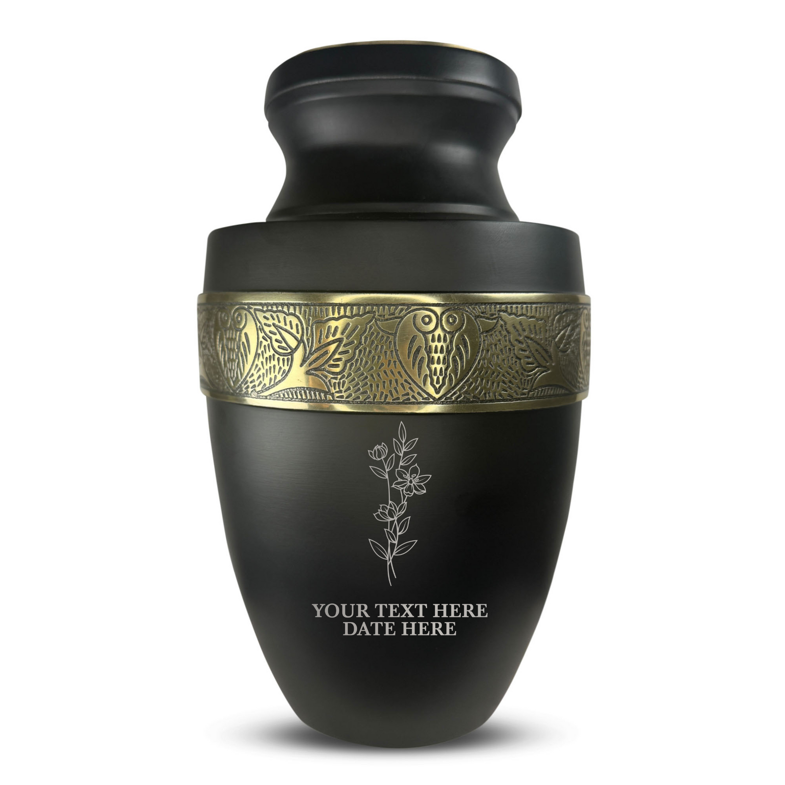 Custom Aluminum Human Urn - Memorial Floral Design - Elite Collection with Gold Inlay - 200 Cubic Inch