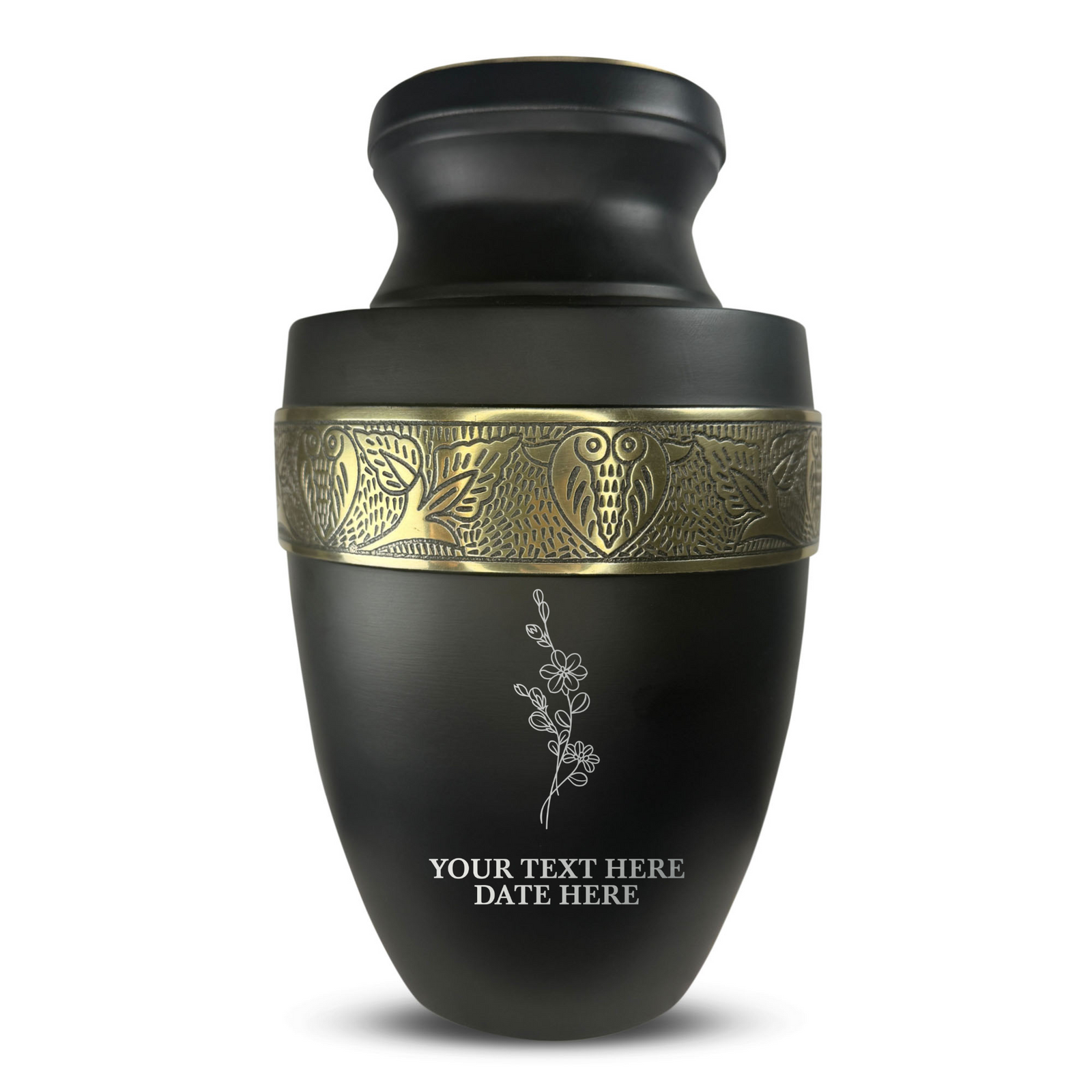 Custom Aluminum Human Urn - Memorial Floral Design - Elite Collection with Gold Inlay - 200 Cubic Inch