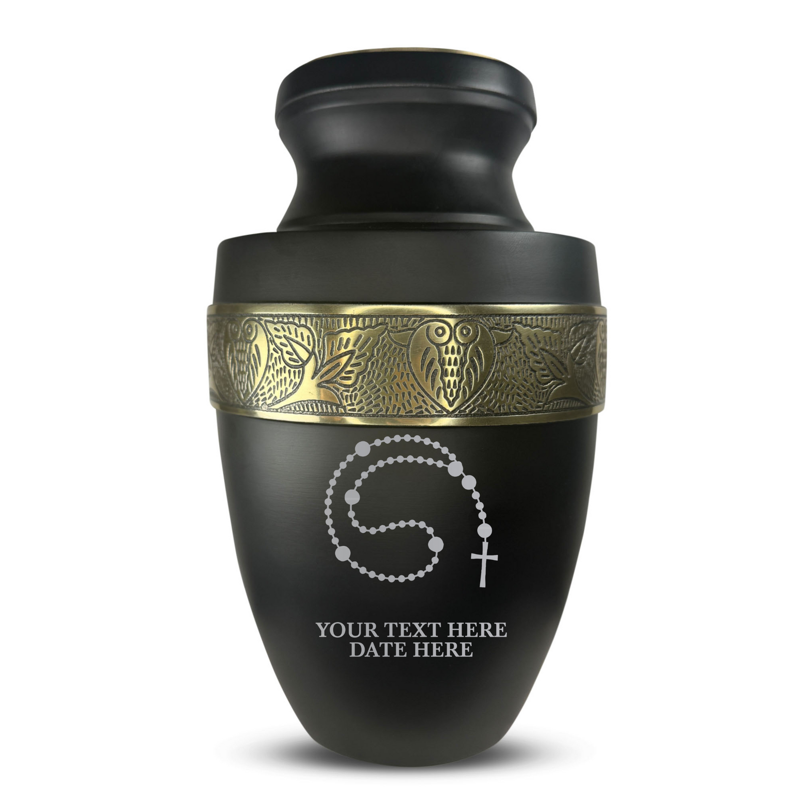 Custom Aluminum Human Urn - Rosary Illustration Design - Elite Collection with Gold Inlay - 200 Cubic Inch