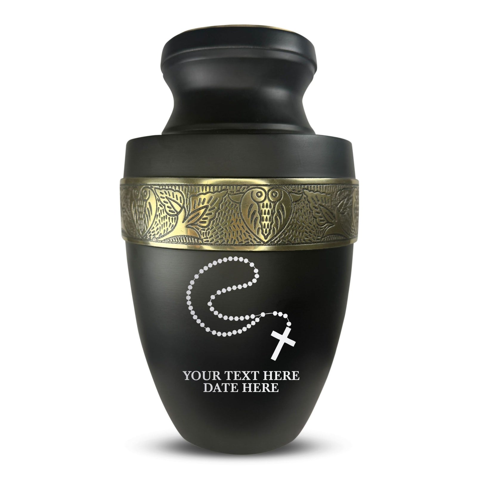 Custom Aluminum Human Urn - Rosary Illustration Design - Elite Collection with Gold Inlay - 200 Cubic Inch