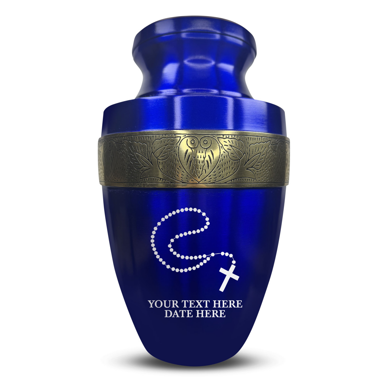 Custom Aluminum Human Urn - Rosary Illustration Design - Elite Collection with Gold Inlay - 200 Cubic Inch