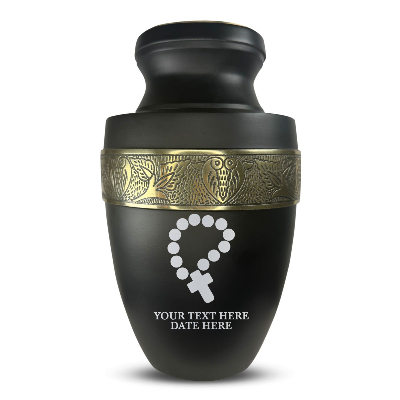 Custom Aluminum Human Urn - Rosary Illustration Design - Elite Collection with Gold Inlay - 200 Cubic Inch
