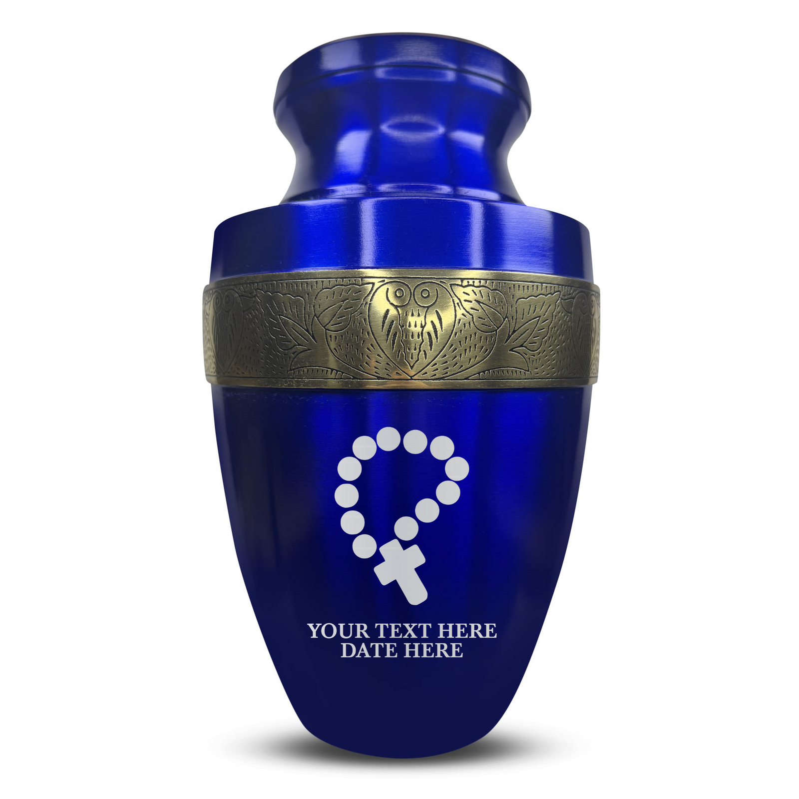 Custom Aluminum Human Urn - Rosary Illustration Design - Elite Collection with Gold Inlay - 200 Cubic Inch