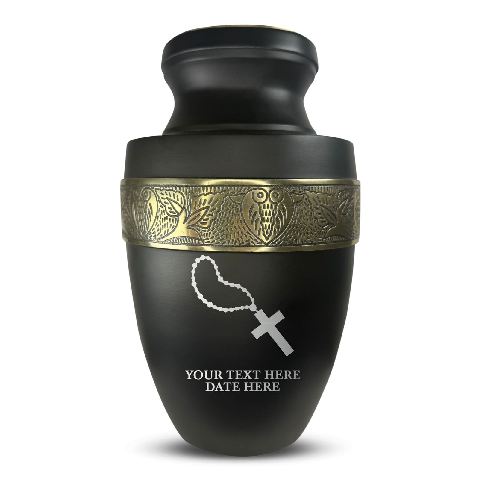 Custom Aluminum Human Urn - Rosary Illustration Design - Elite Collection with Gold Inlay - 200 Cubic Inch