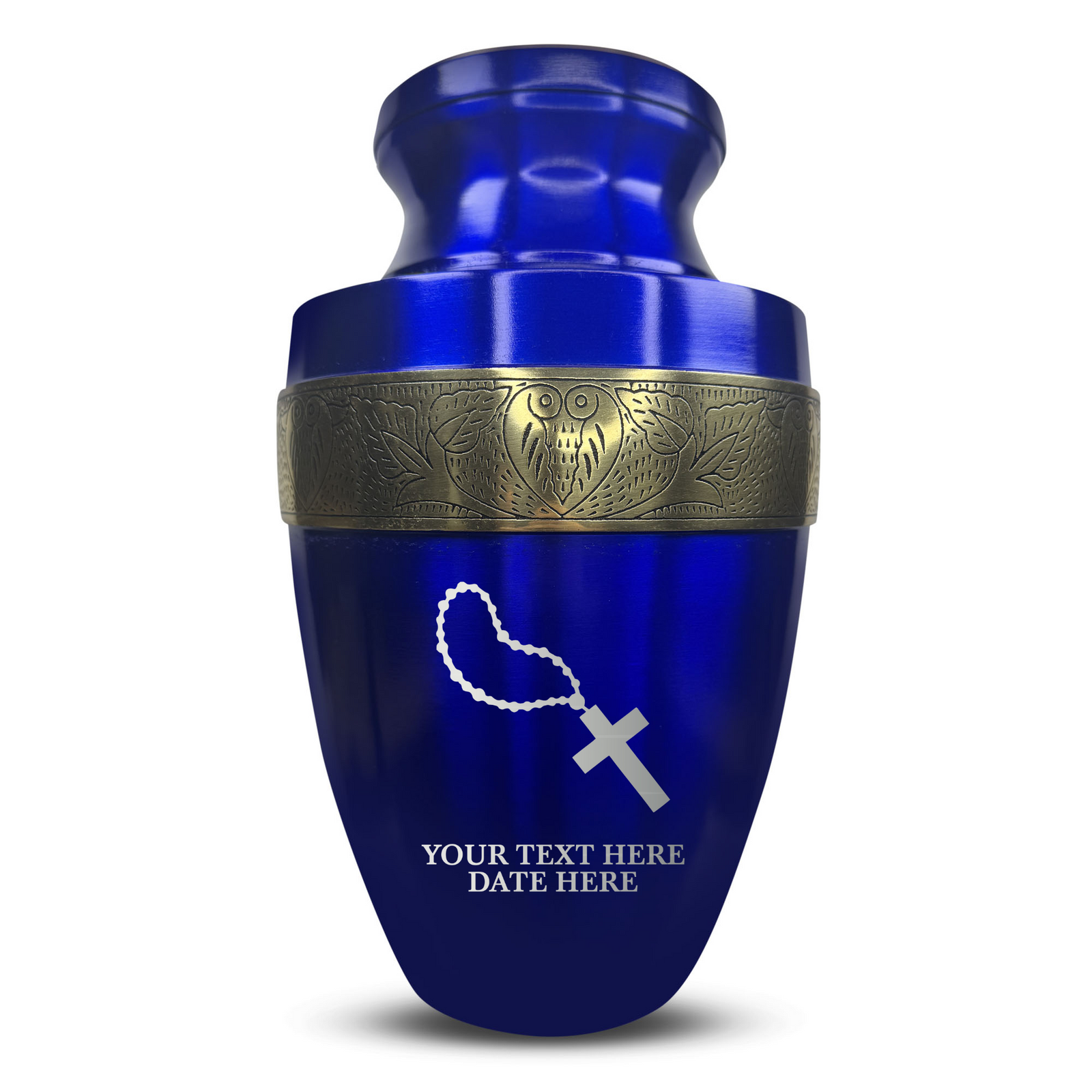 Custom Aluminum Human Urn - Rosary Illustration Design - Elite Collection with Gold Inlay - 200 Cubic Inch