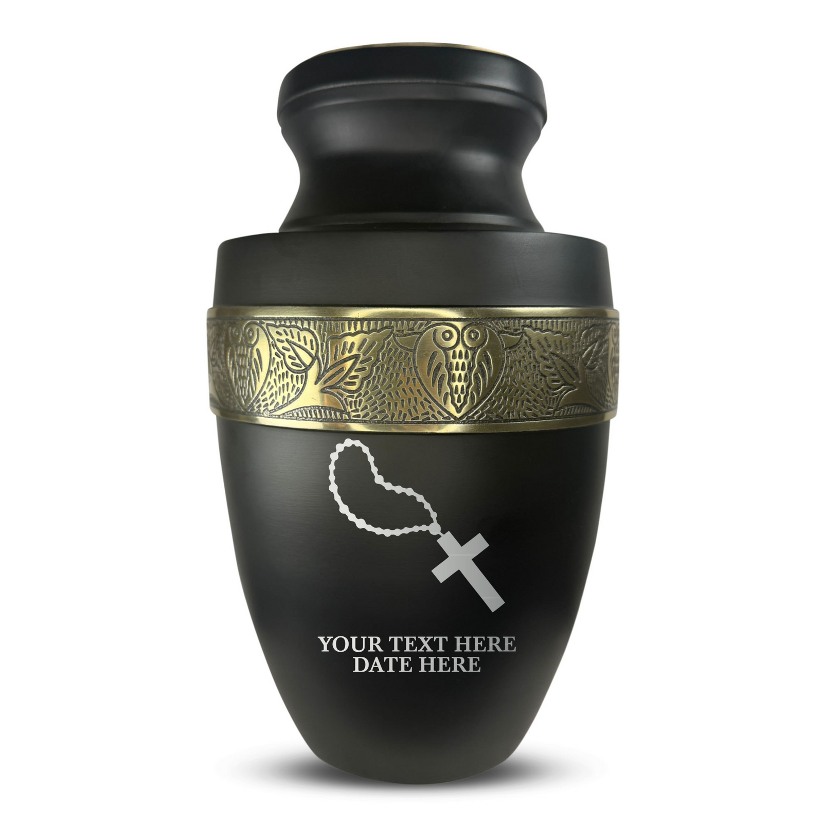Custom Aluminum Human Urn - Rosary Illustration Design - Elite Collection with Gold Inlay - 200 Cubic Inch