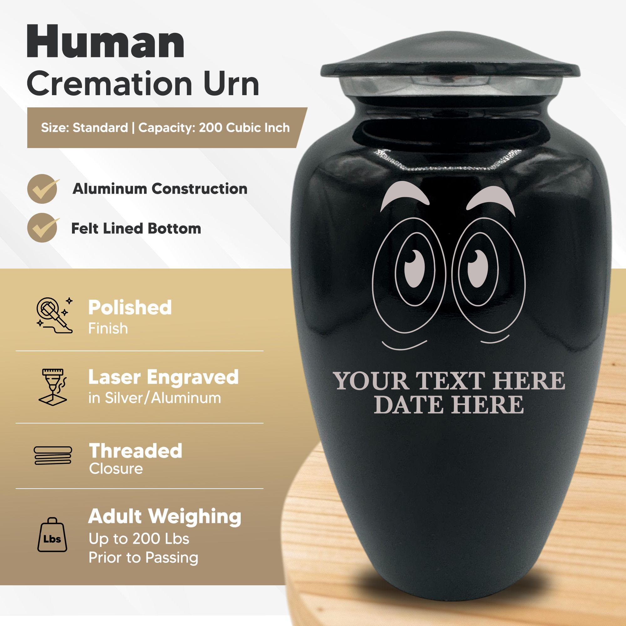 Splendor Human Cremation Urn – 200 Cubic Inch Capacity – Metal | Funny Eyes
