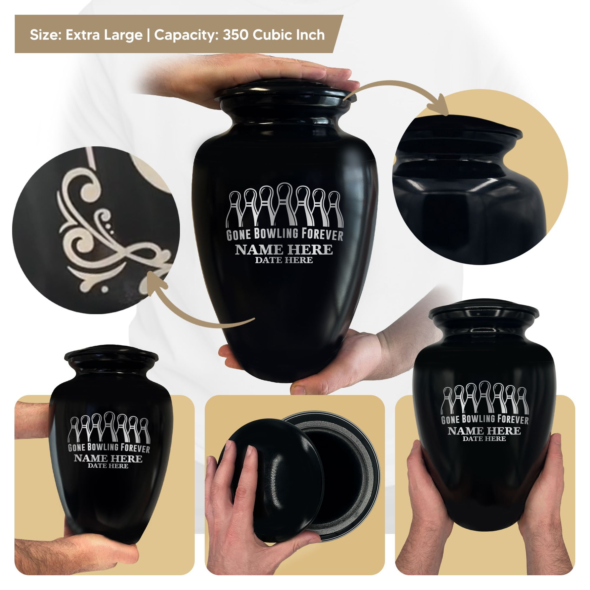 Polished Extra Large Human Cremation Urn 350 Cubic Inch - Engraved Aluminum | Gone Bowling Tribute Collection