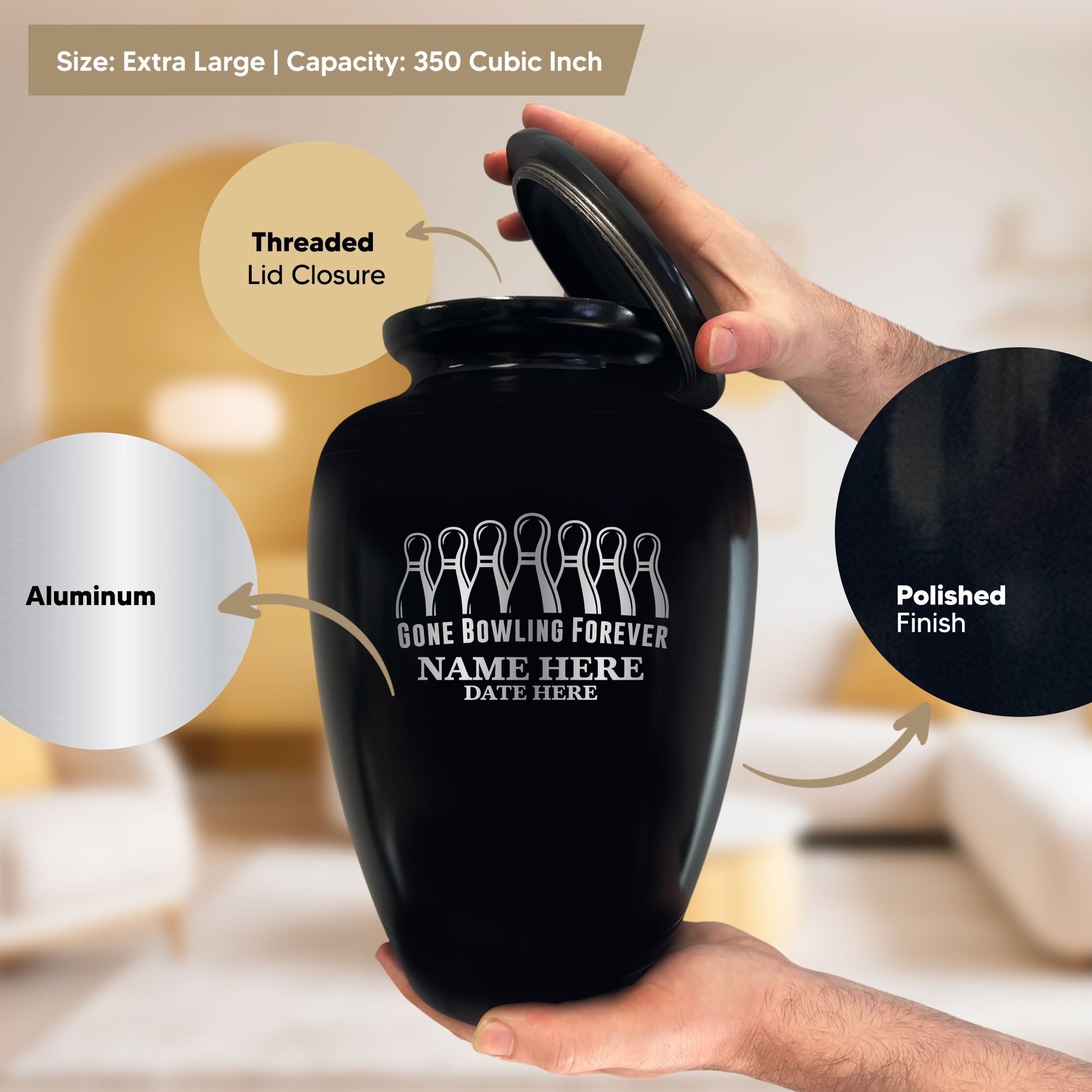 Polished Extra Large Human Cremation Urn 350 Cubic Inch - Engraved Aluminum | Gone Bowling Tribute Collection