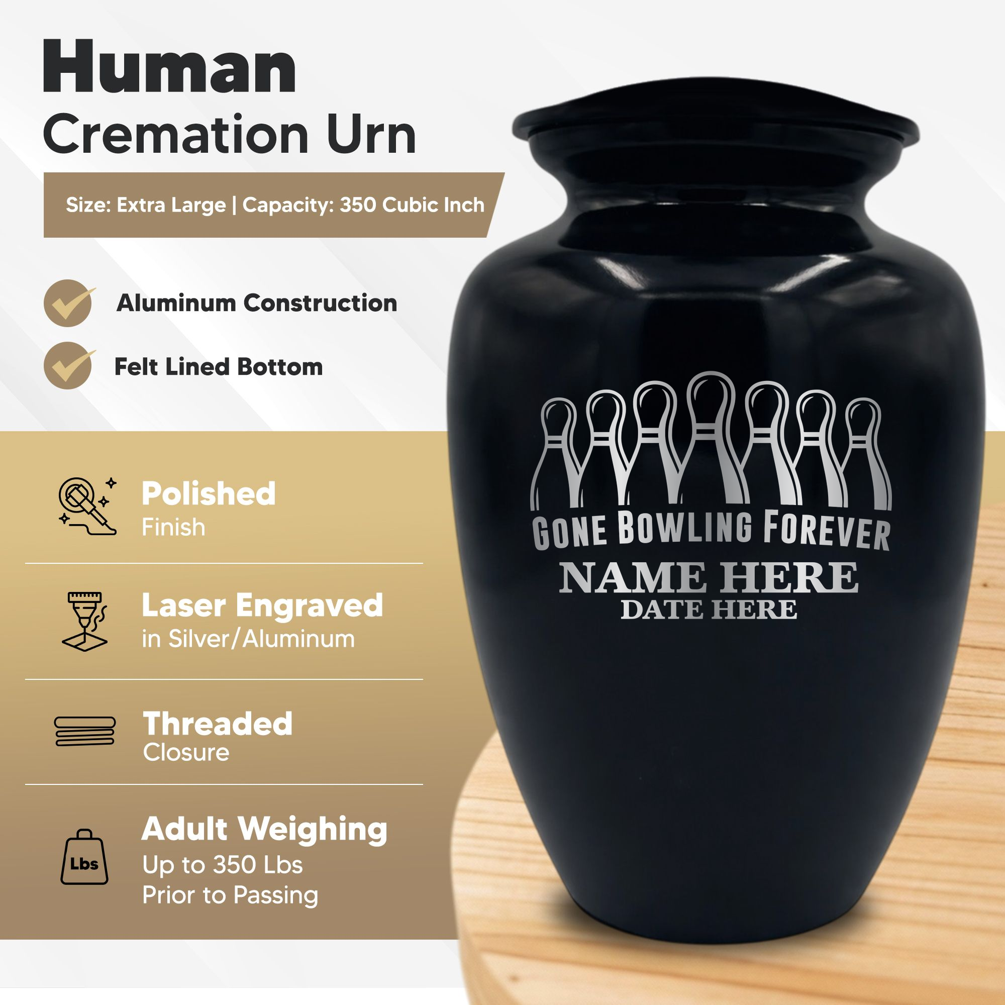 Polished Extra Large Human Cremation Urn 350 Cubic Inch - Engraved Aluminum | Gone Bowling Tribute Collection