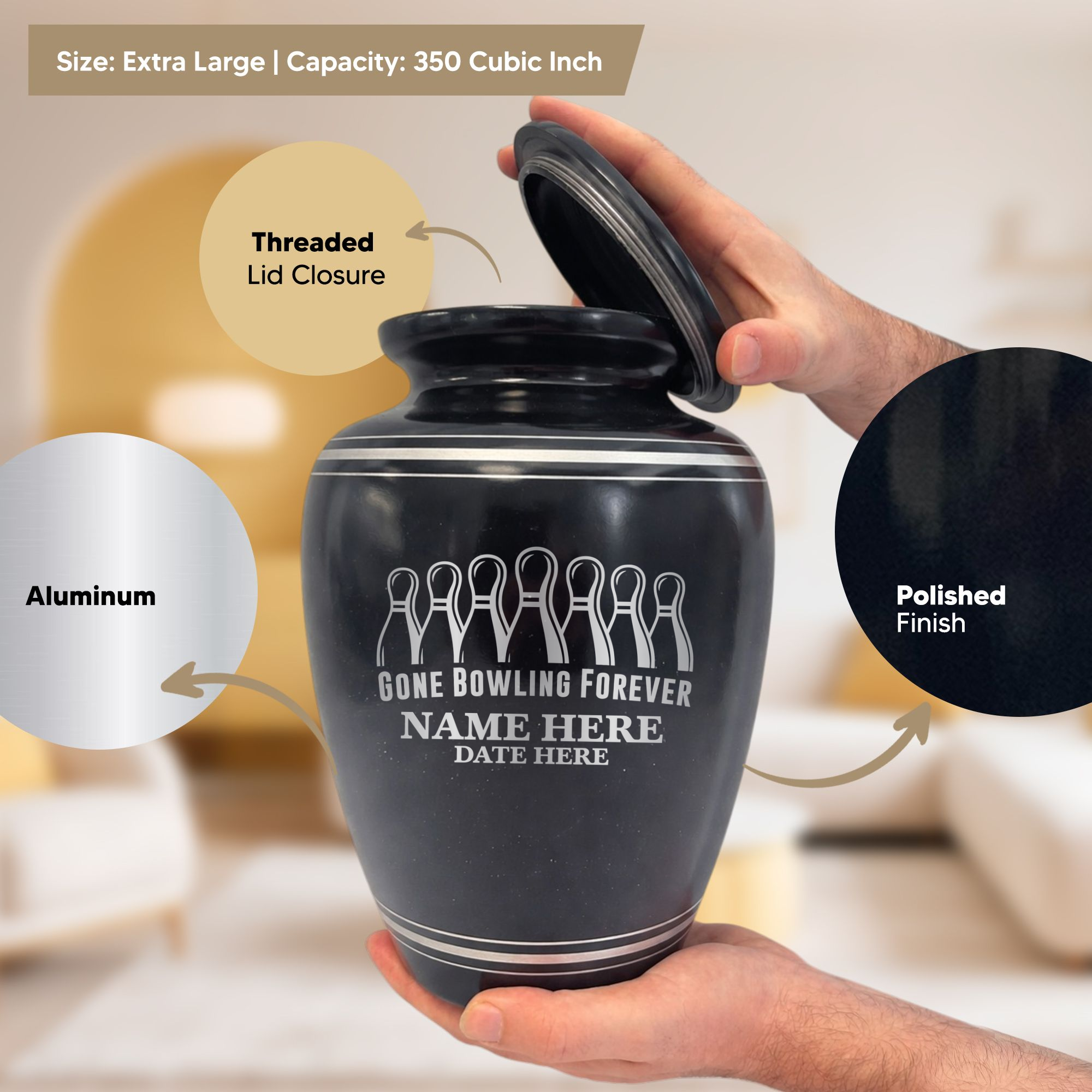 Extra Large Human Cremation Urn - 350 Cubic Inch - Black Spotted Finish with Silver Rim | Gone Bowling Tribute Collection