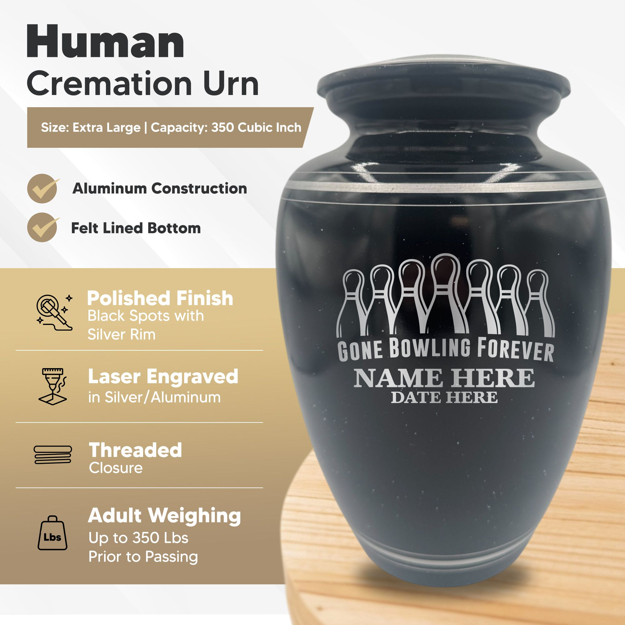 Extra Large Human Cremation Urn - 350 Cubic Inch - Black Spotted Finish with Silver Rim | Gone Bowling Tribute Collection