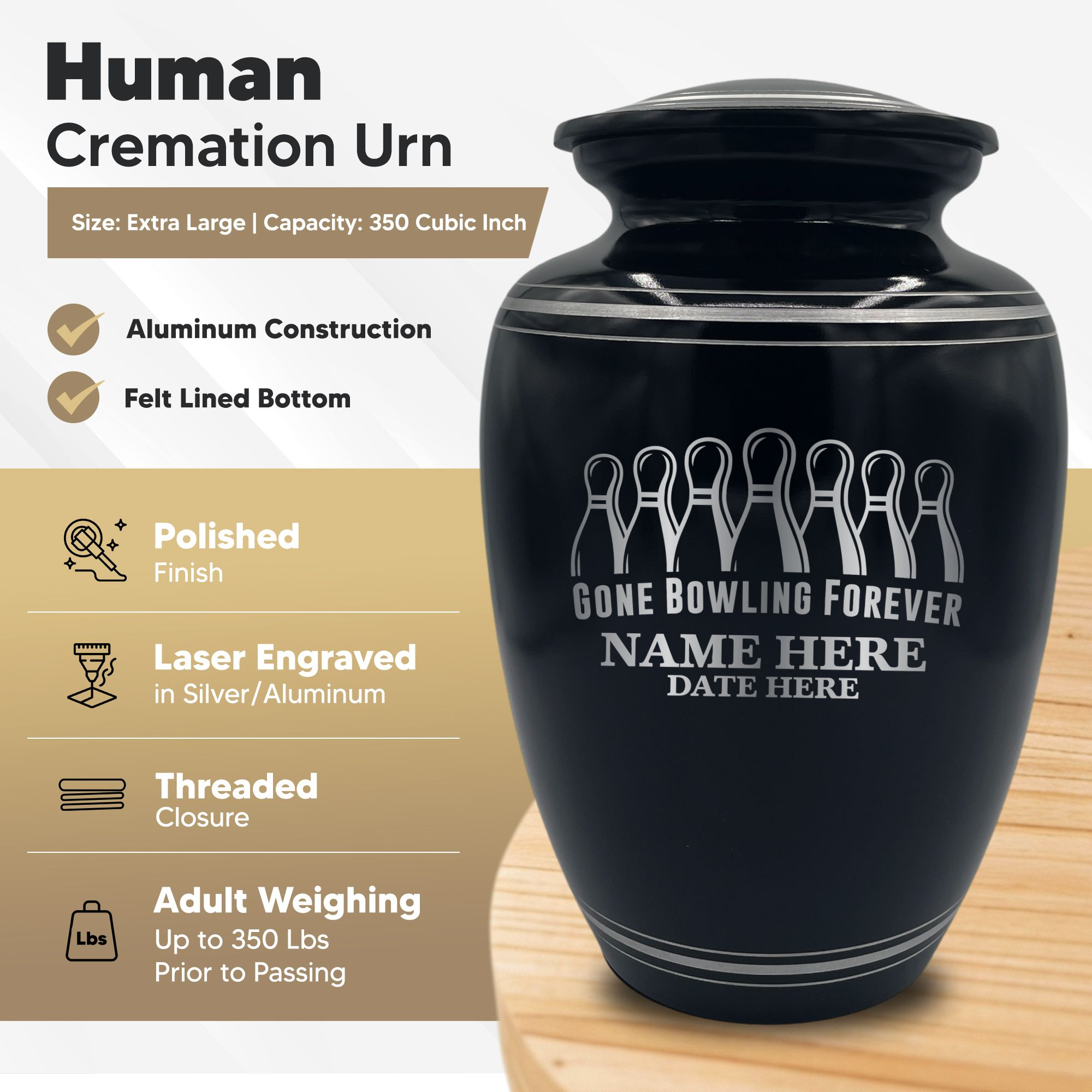 Human Cremation Urn - 350 Cubic Inch Capacity - Black with Silver Rim | Gone Bowling Tribute Collection