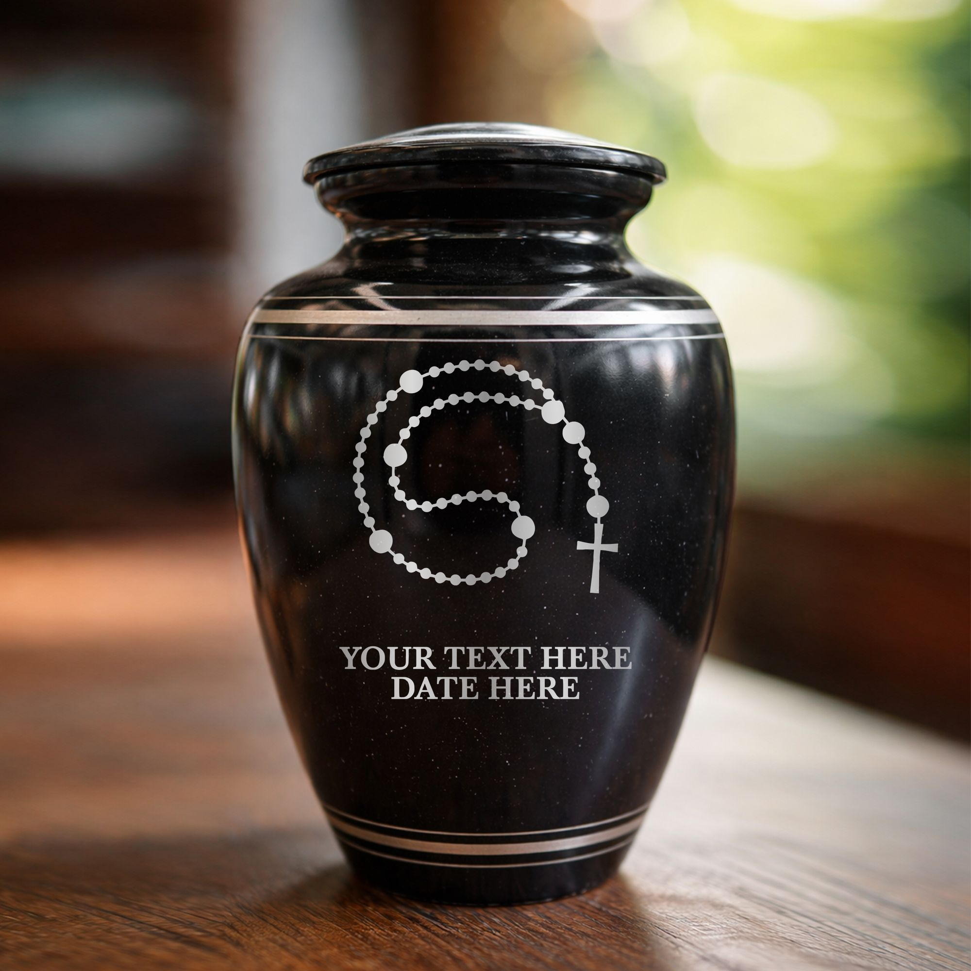 Extra Large Human Cremation Urn - 350 Cubic Inch - Black Spotted Finish with Silver Rim | Rosary Memorial