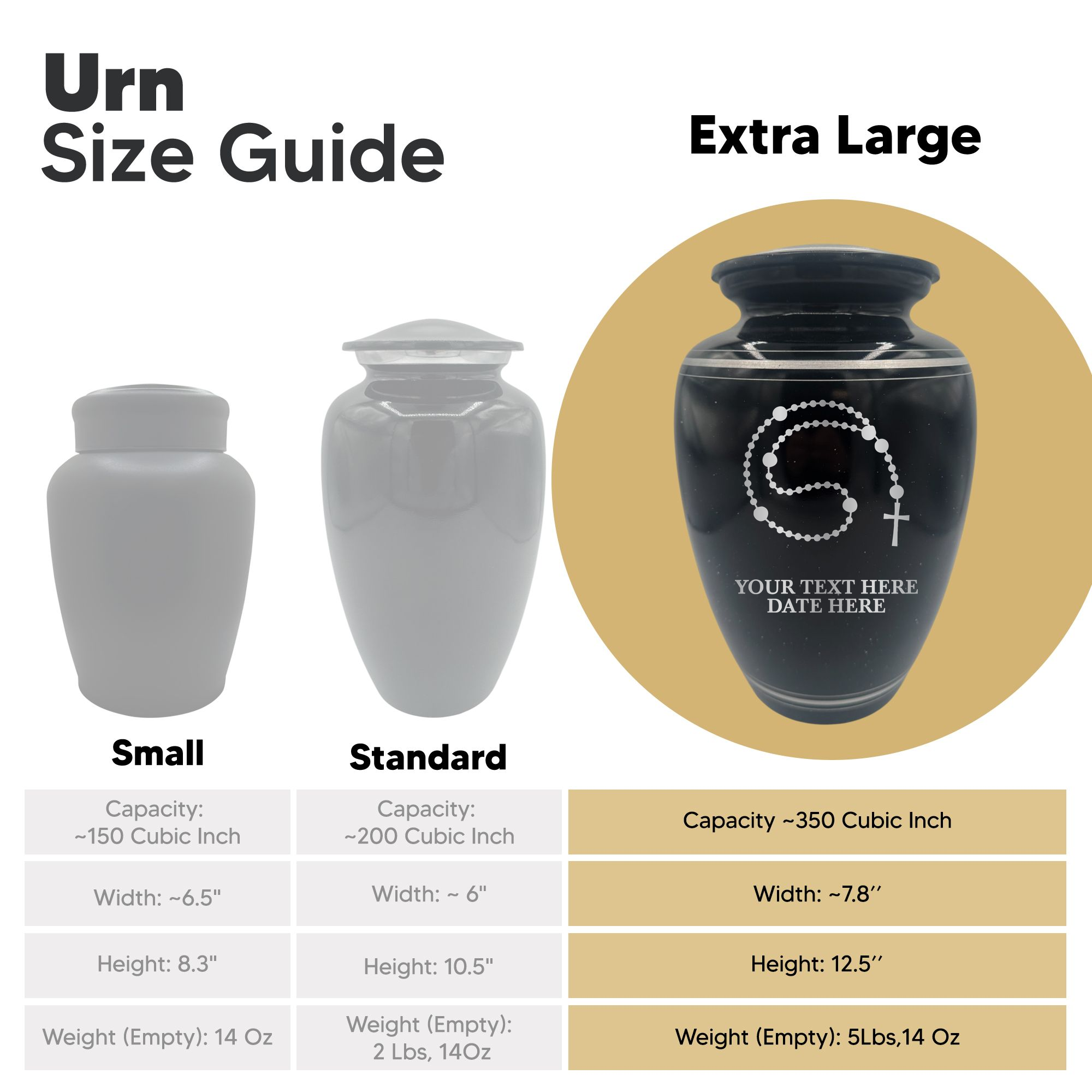Extra Large Human Cremation Urn - 350 Cubic Inch - Black Spotted Finish with Silver Rim | Rosary Memorial