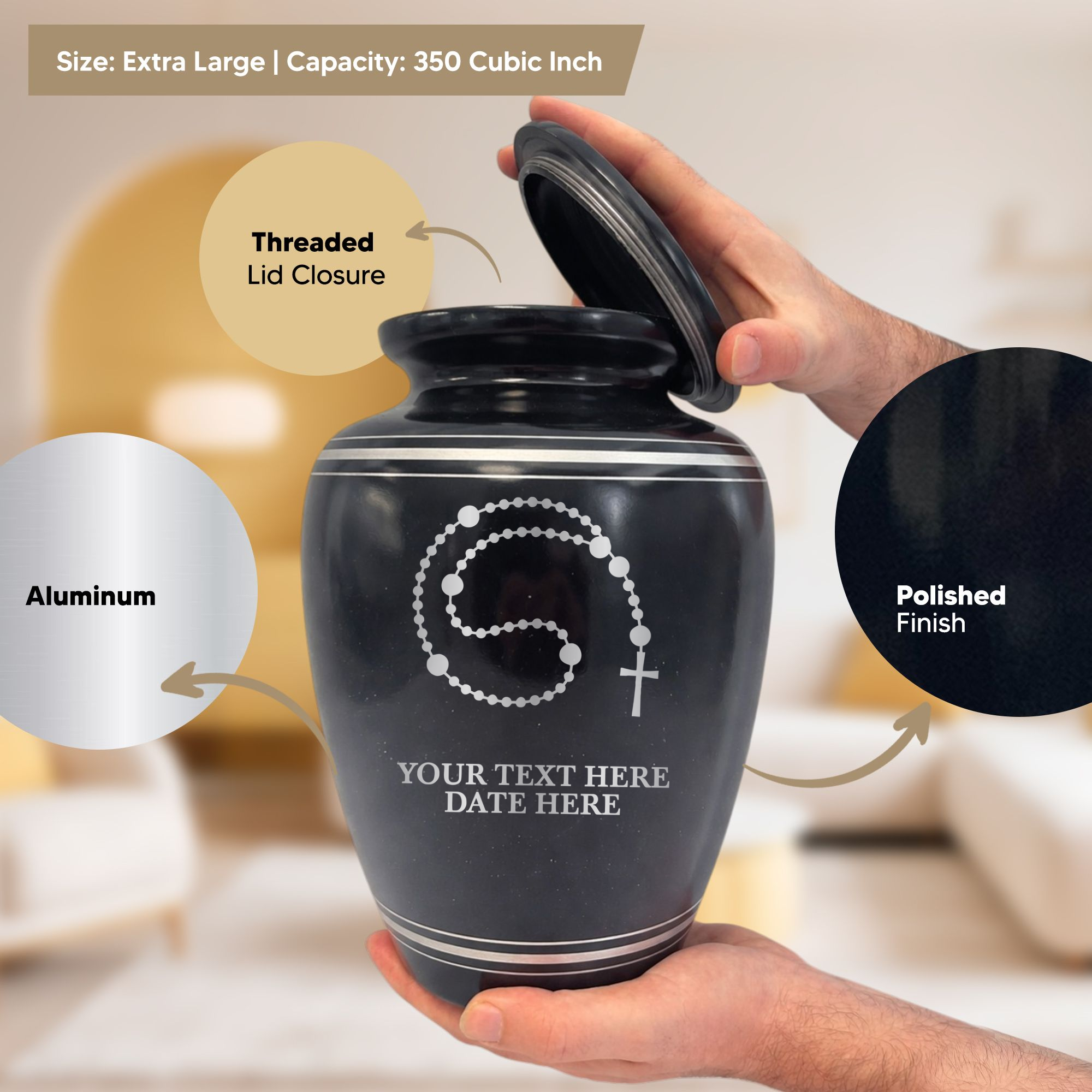 Extra Large Human Cremation Urn - 350 Cubic Inch - Black Spotted Finish with Silver Rim | Rosary Memorial