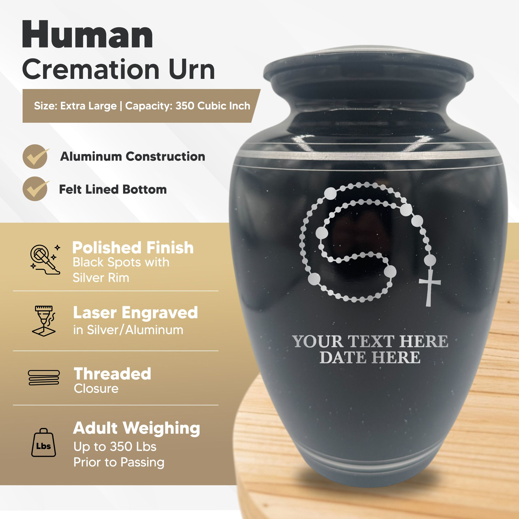 Extra Large Human Cremation Urn - 350 Cubic Inch - Black Spotted Finish with Silver Rim | Rosary Memorial