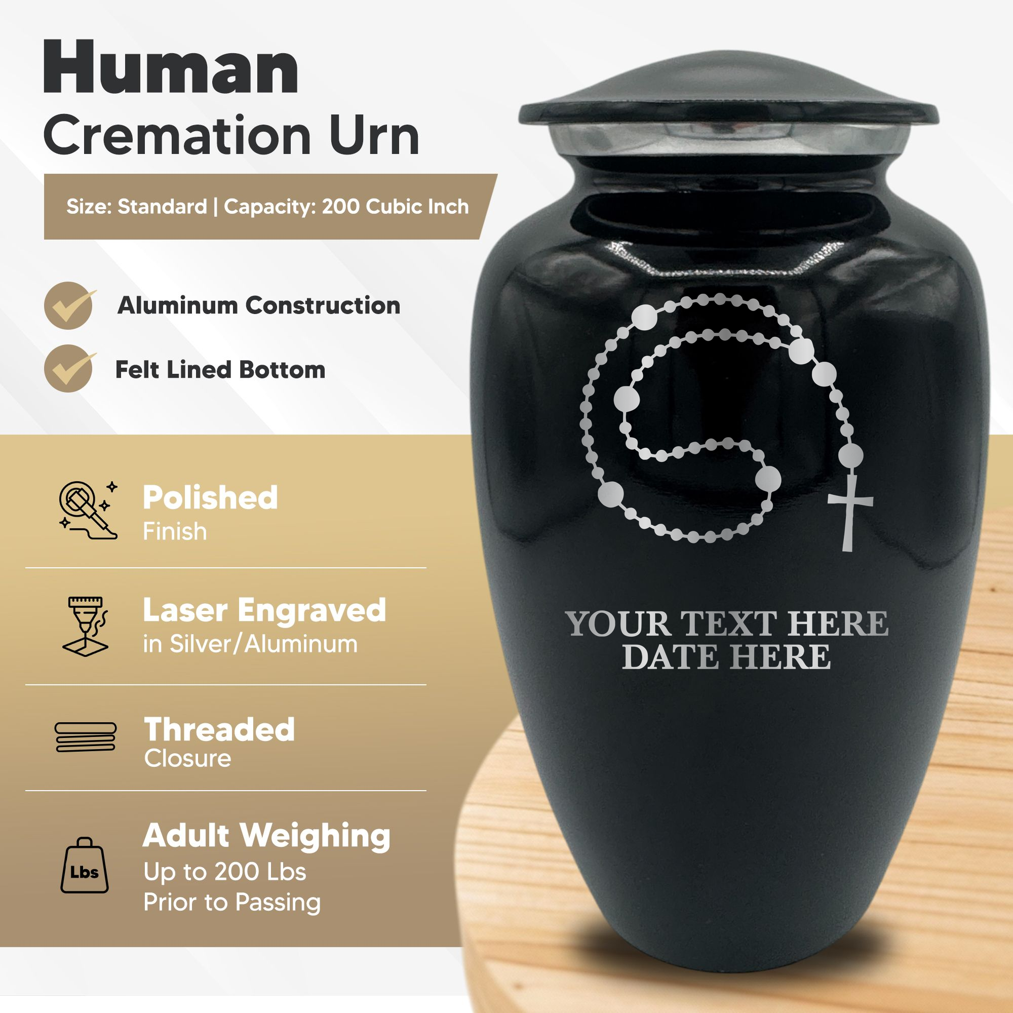 Splendor Human Cremation Urn – 200 Cubic Inch Capacity – Metal | Rosary Memorial