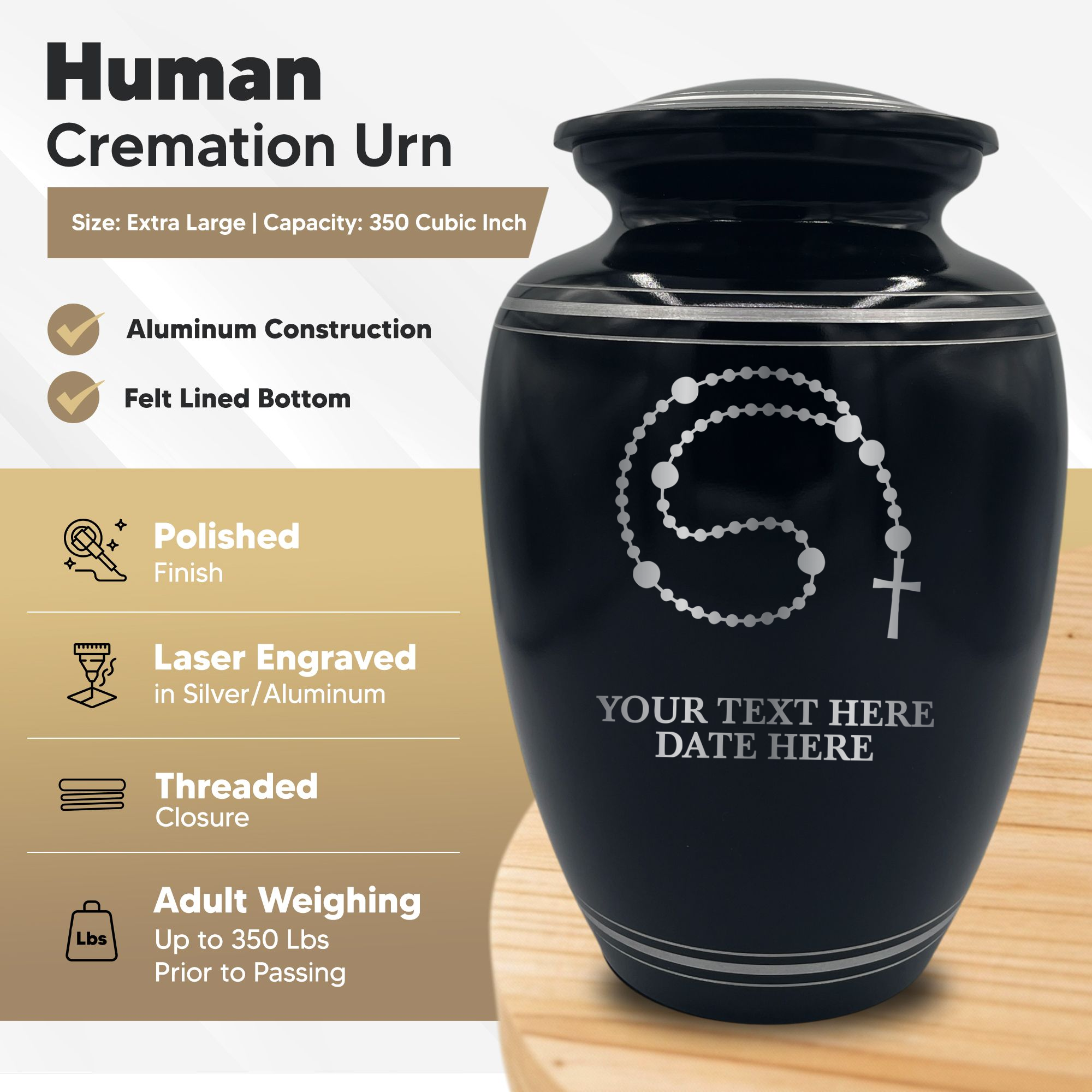 Human Cremation Urn – 350 Cubic Inch Capacity – Black with Silver Rim | Rosary Memorial