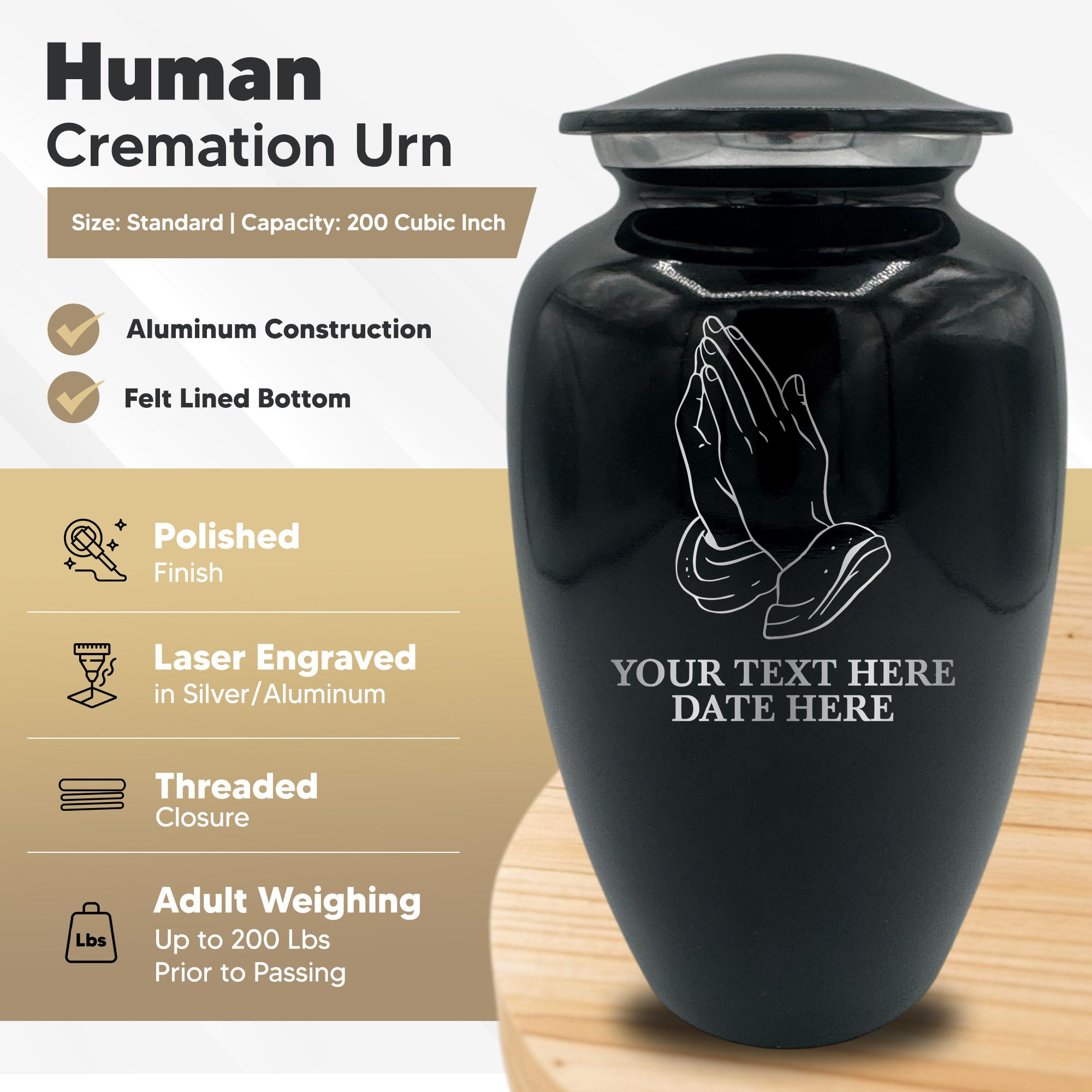 Splendor Human Cremation Urn – 200 Cubic Inch Capacity – Metal | Praying Hands