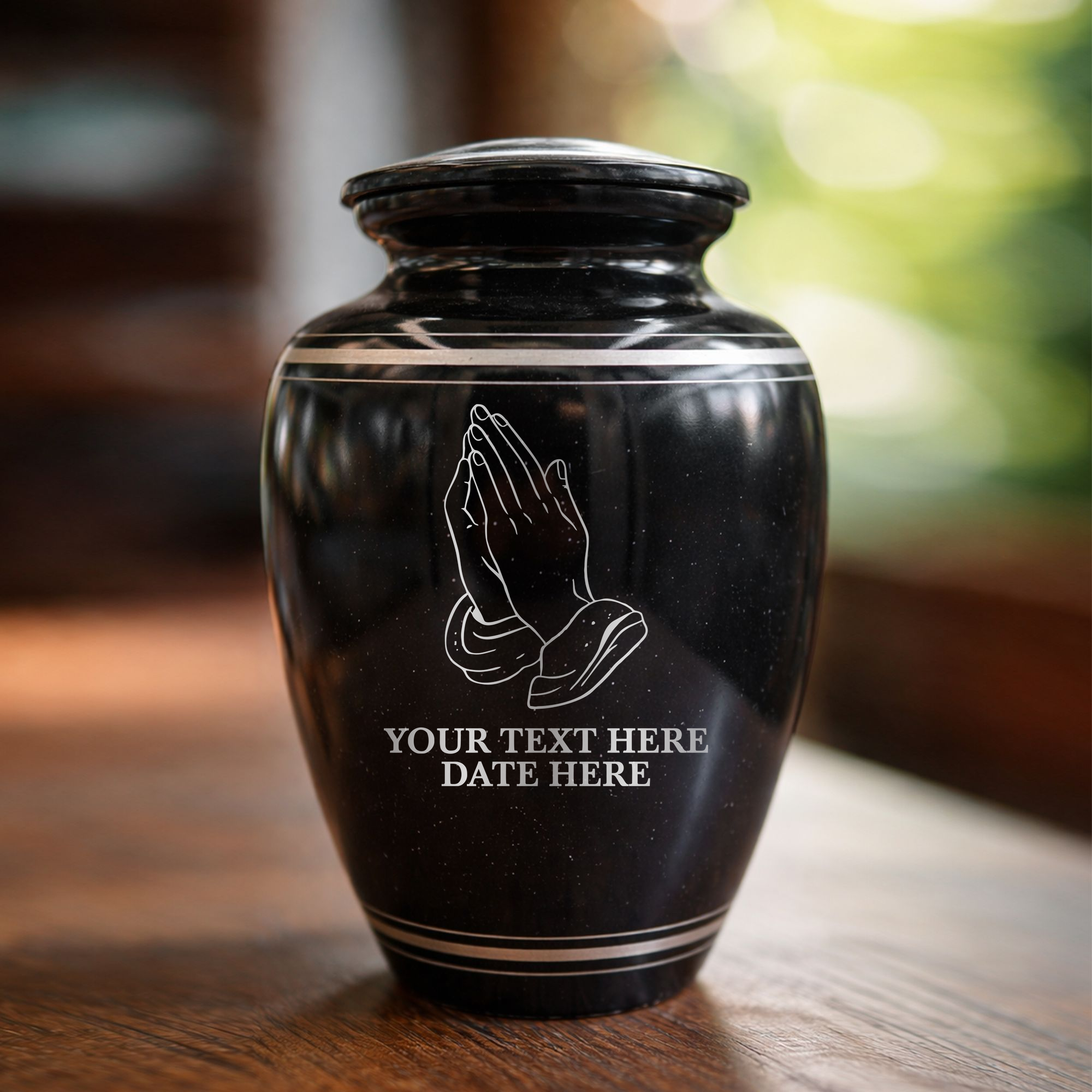 Extra Large Human Cremation Urn - 350 Cubic Inch - Black Spotted Finish with Silver Rim | Praying Hands