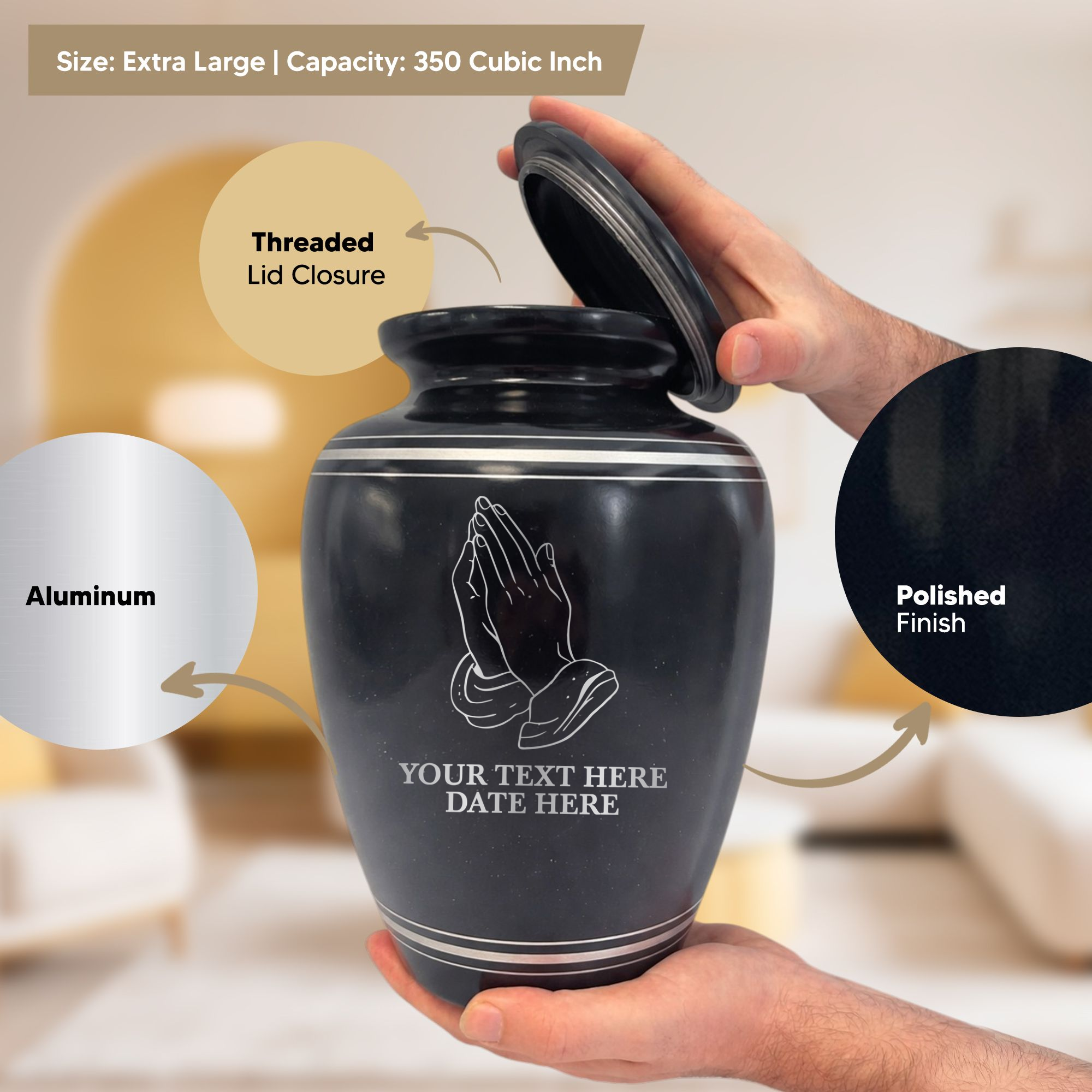Extra Large Human Cremation Urn - 350 Cubic Inch - Black Spotted Finish with Silver Rim | Praying Hands