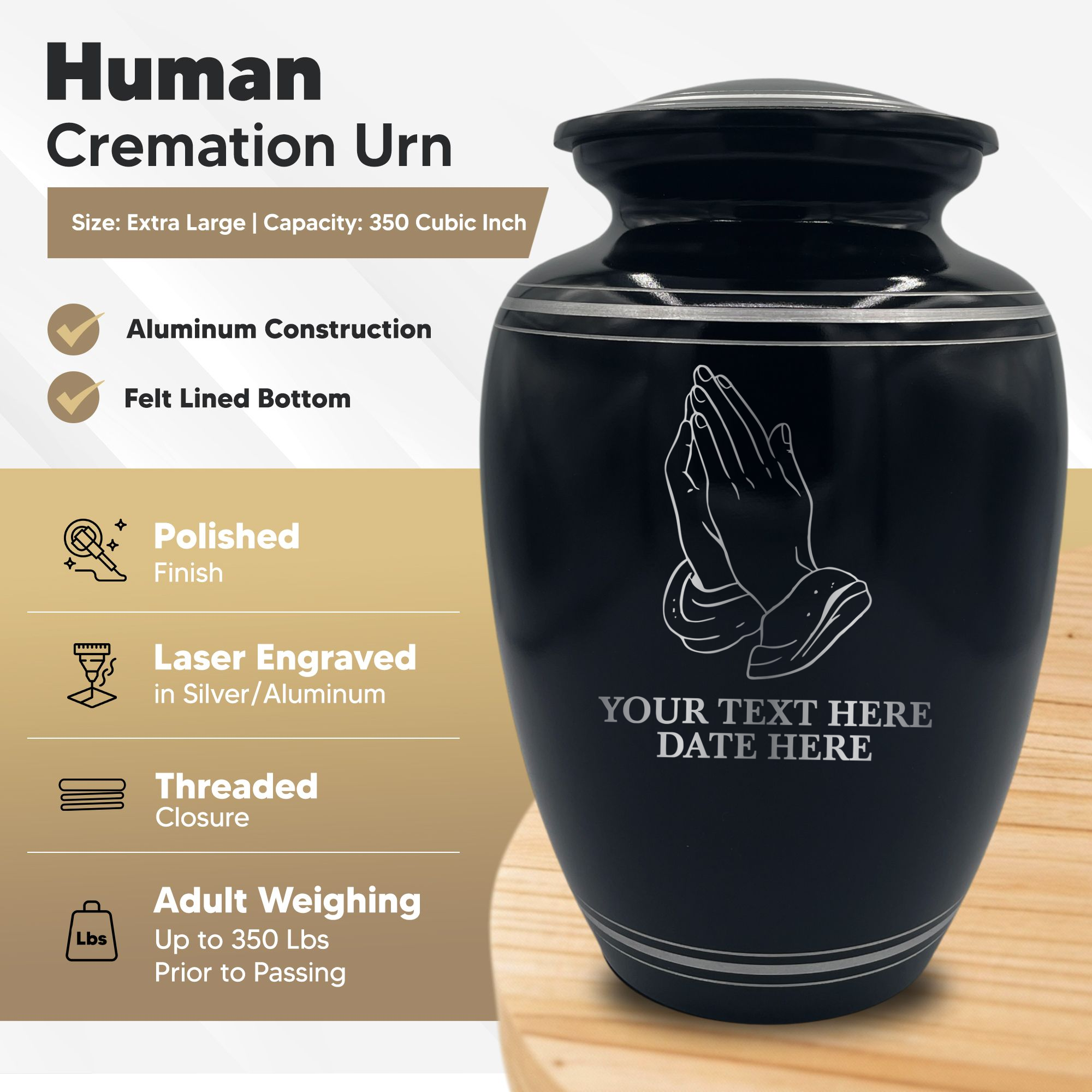 Human Cremation Urn – 350 Cubic Inch Capacity – Black with Silver Rim | Praying Hands