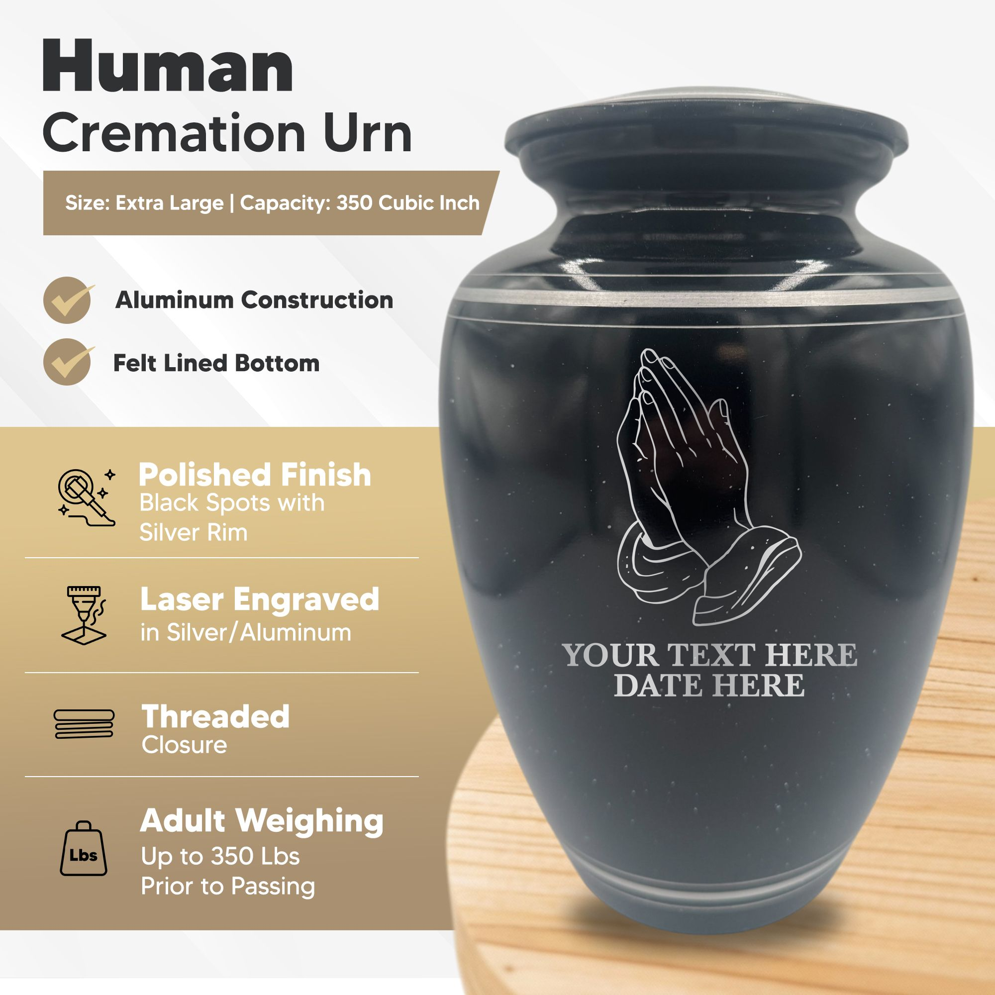 Extra Large Human Cremation Urn - 350 Cubic Inch - Black Spotted Finish with Silver Rim | Praying Hands