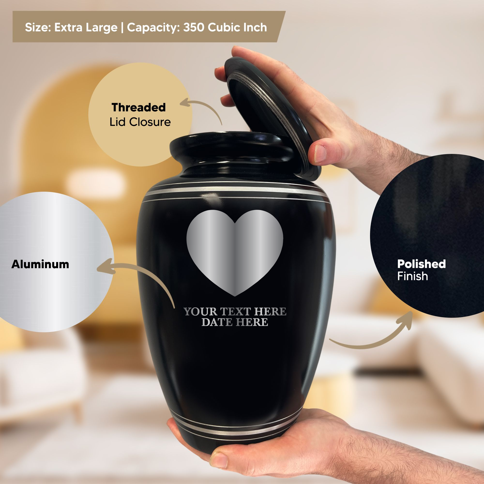 Human Cremation Urn – 350 Cubic Inch Capacity – Black with Silver Rim | Traditional Memorial