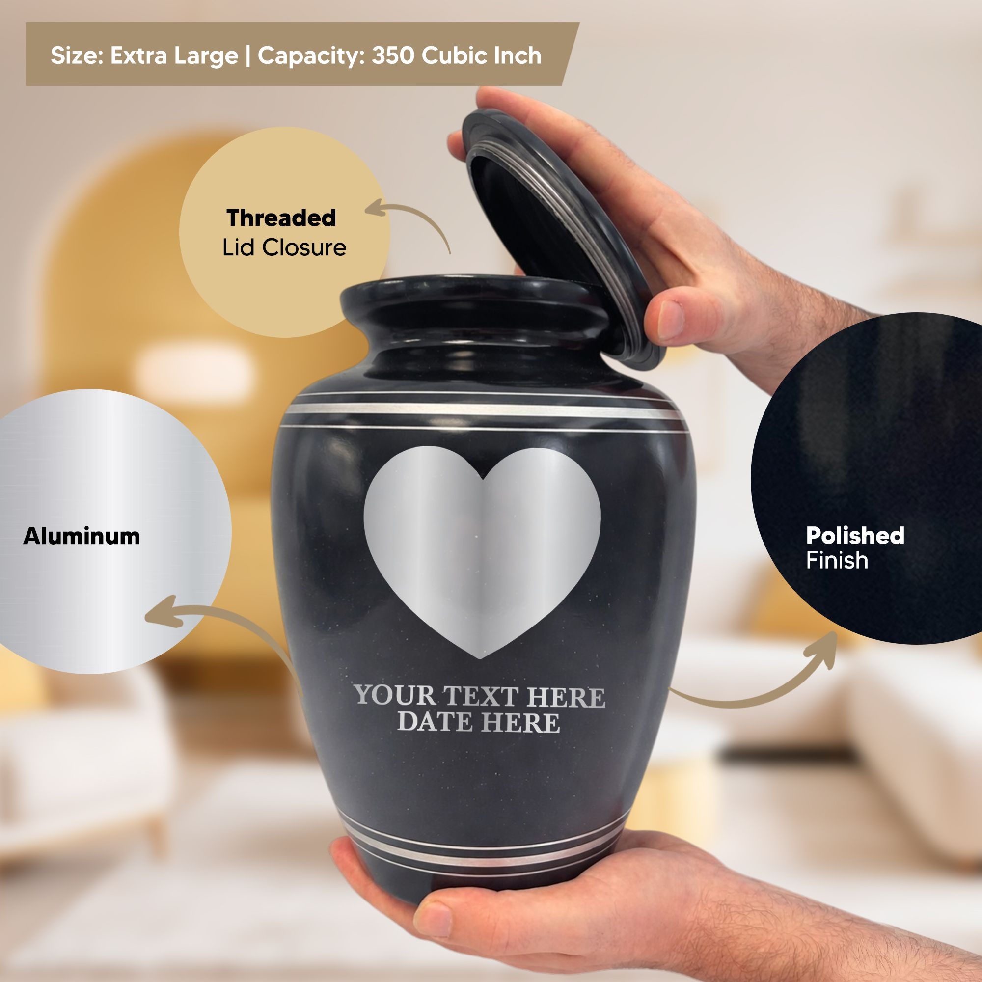 Extra Large Human Cremation Urn - 350 Cubic Inch - Black Spotted Finish with Silver Rim | Traditional Memorial