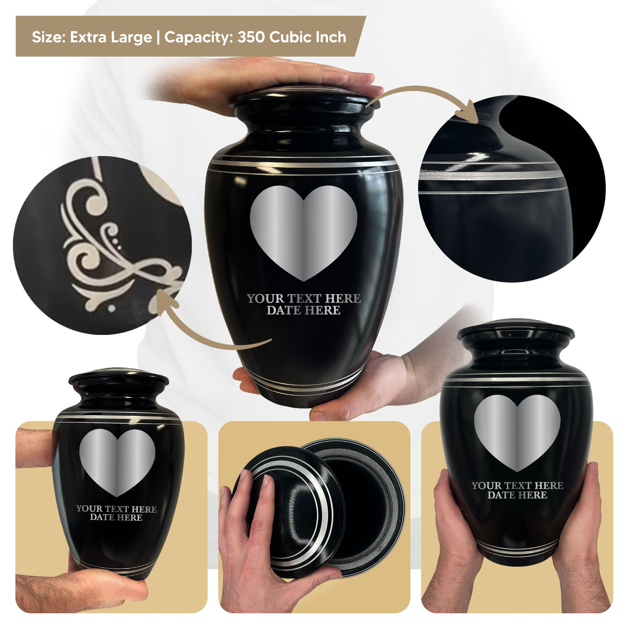Human Cremation Urn – 350 Cubic Inch Capacity – Black with Silver Rim | Traditional Memorial