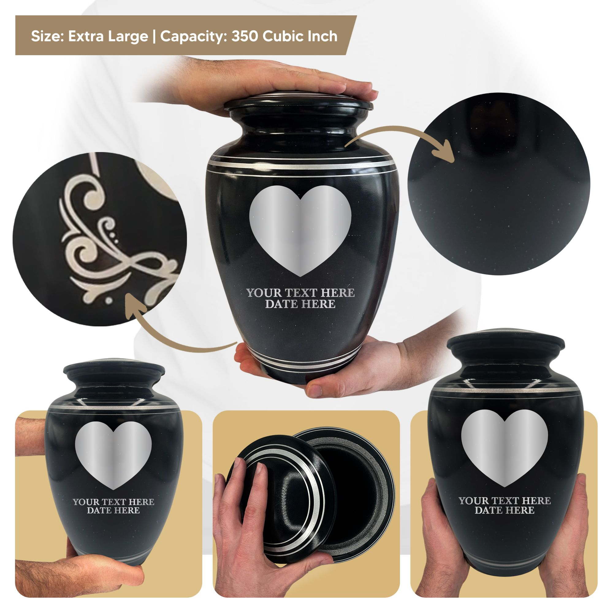 Extra Large Human Cremation Urn - 350 Cubic Inch - Black Spotted Finish with Silver Rim | Traditional Memorial