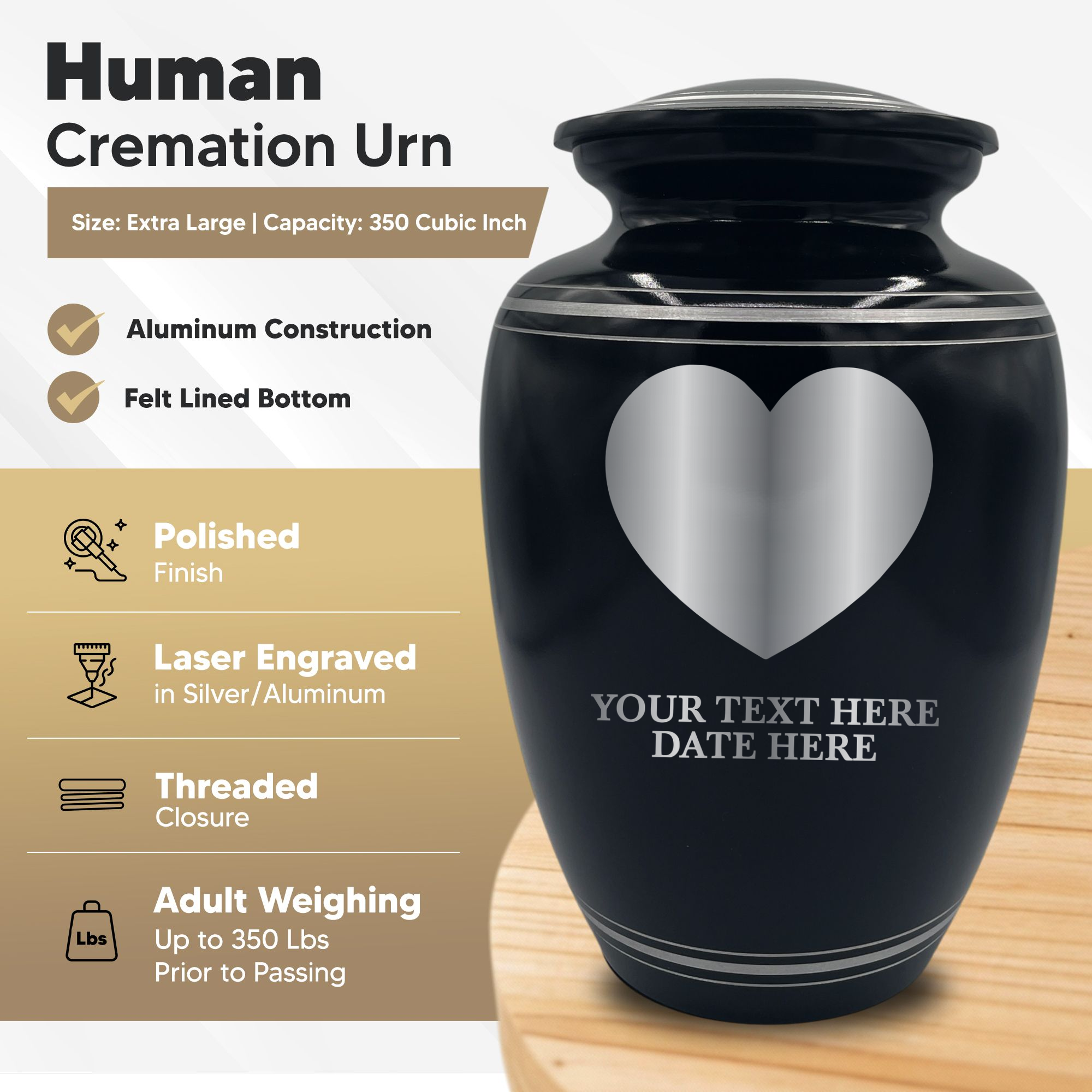 Human Cremation Urn – 350 Cubic Inch Capacity – Black with Silver Rim | Traditional Memorial