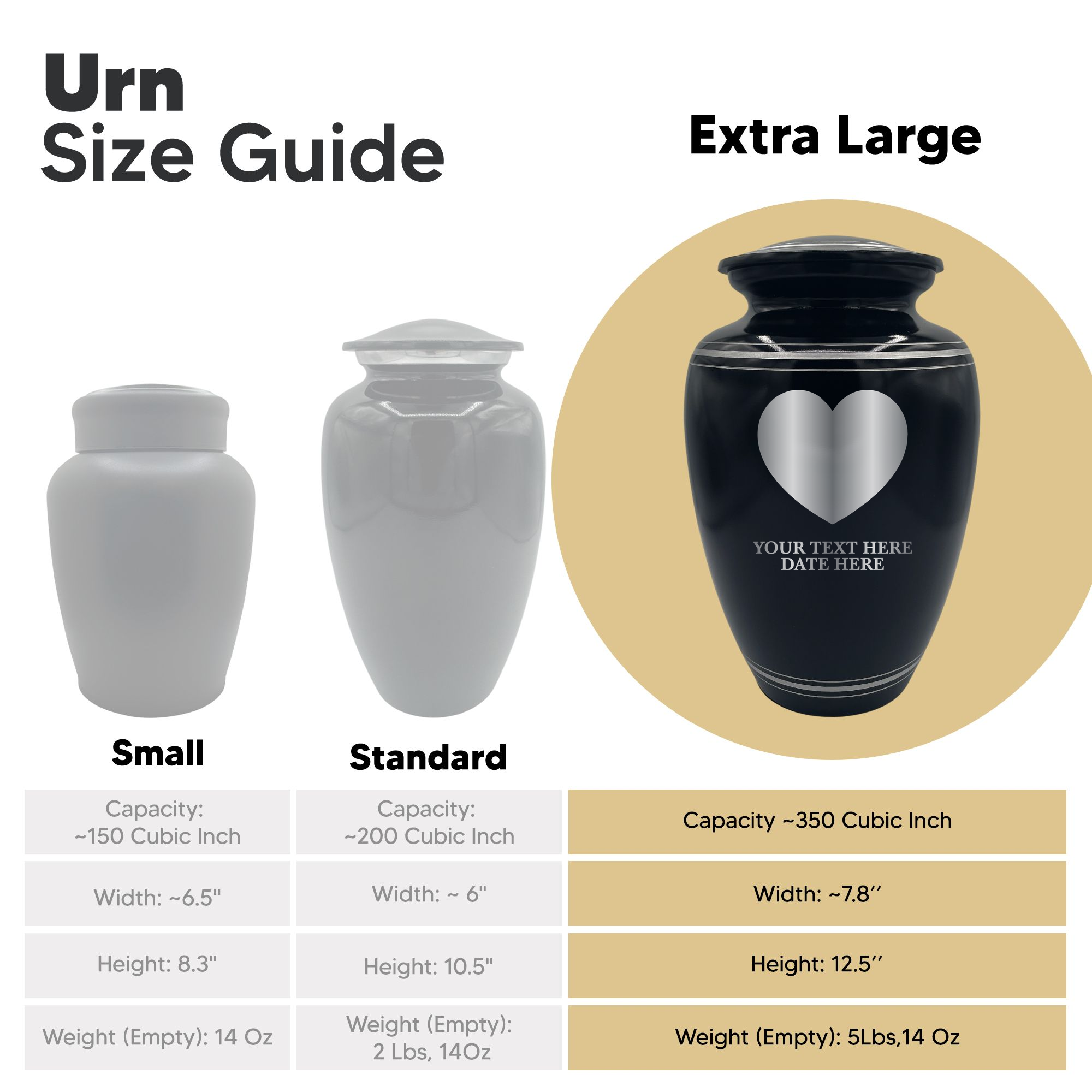 Human Cremation Urn – 350 Cubic Inch Capacity – Black with Silver Rim | Traditional Memorial