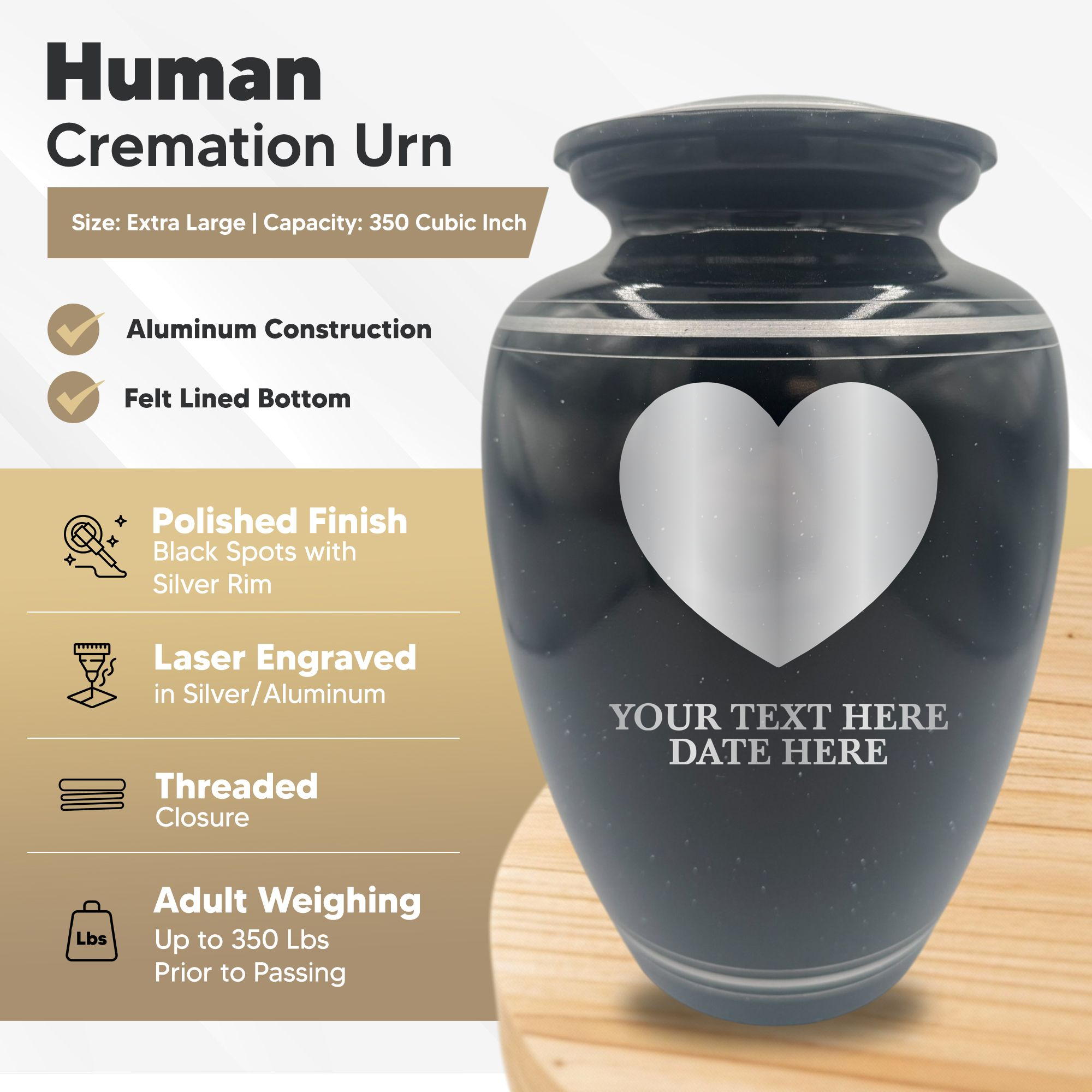 Extra Large Human Cremation Urn - 350 Cubic Inch - Black Spotted Finish with Silver Rim | Traditional Memorial