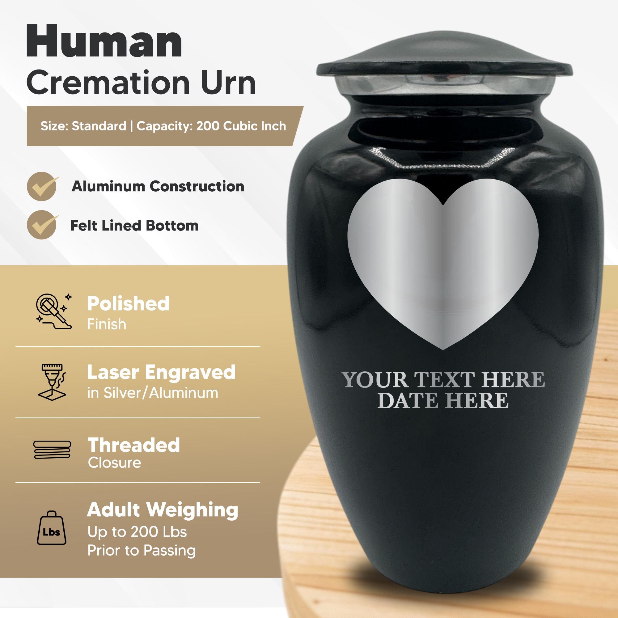 Splendor Human Cremation Urn – 200 Cubic Inch Capacity – Metal | Traditional Memorial