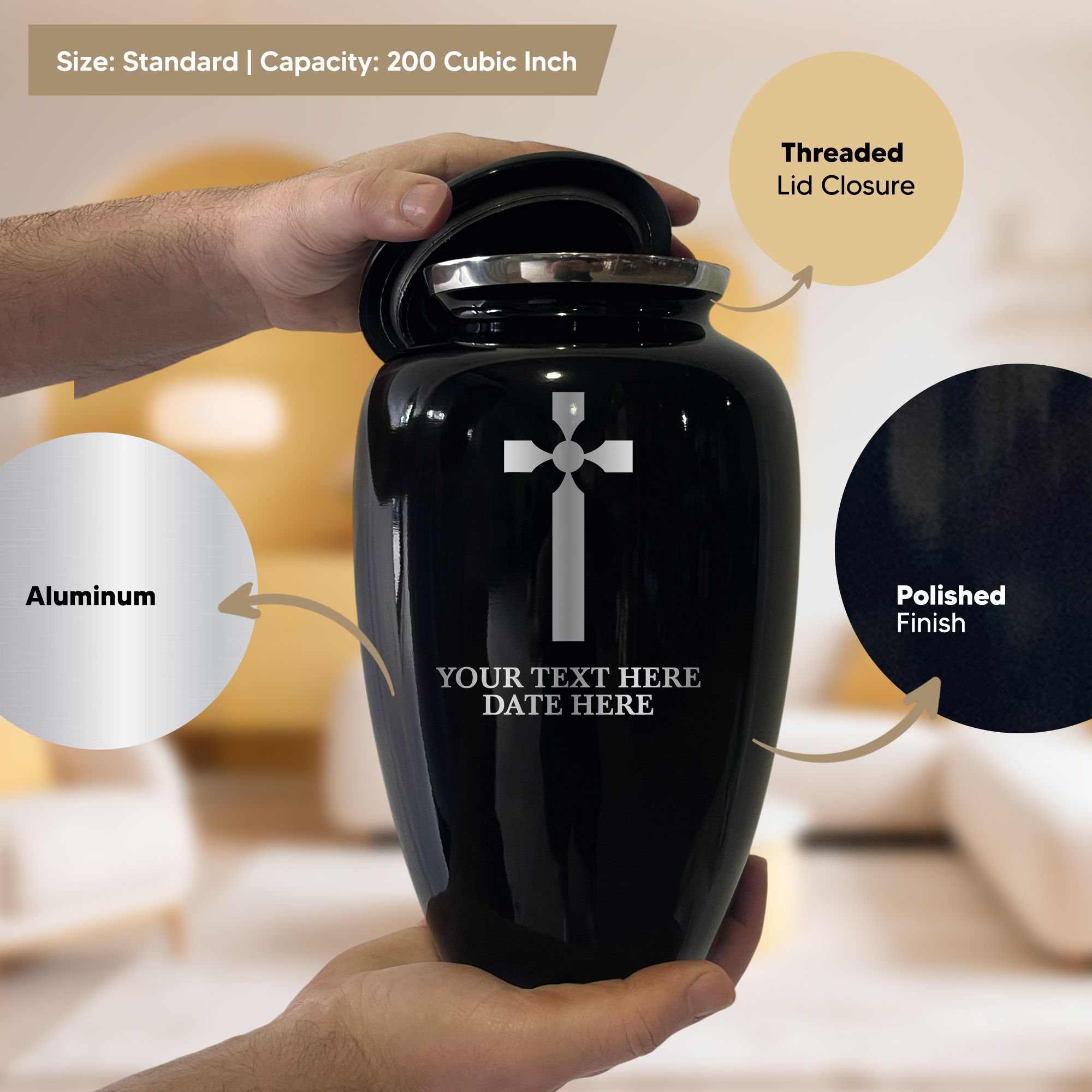 Splendor Human Cremation Urn – 200 Cubic Inch Capacity – Metal | Cross Design Collection